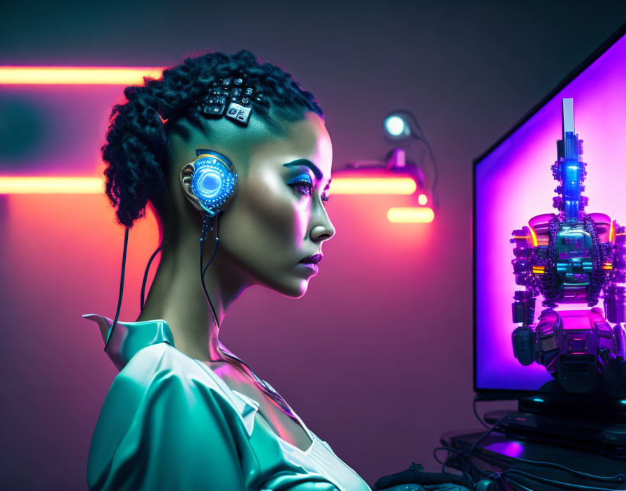 Futuristic woman with cybernetic enhancements and neon-lit computer monitor