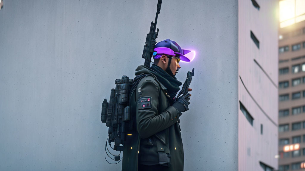 Futuristic person with glowing visor and rifle against concrete wall