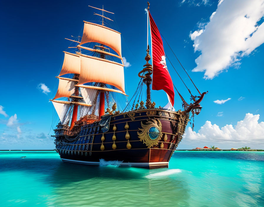 Majestic tall ship sailing on crystal clear waters