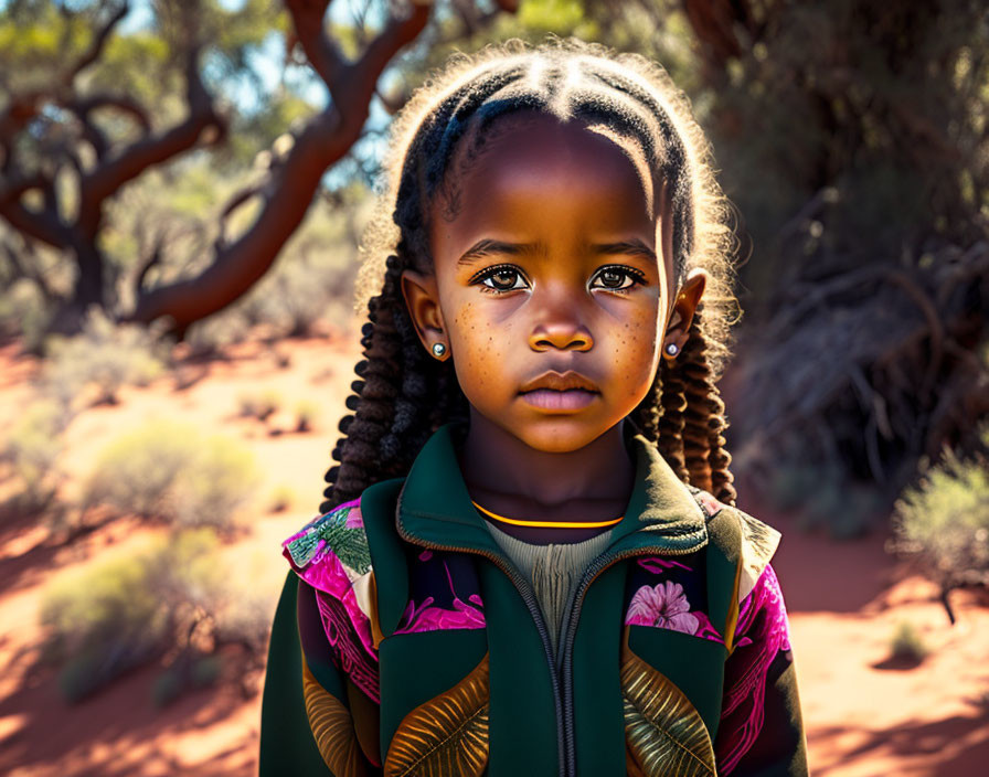 Child with braided hair in floral jacket in sunlit desert.