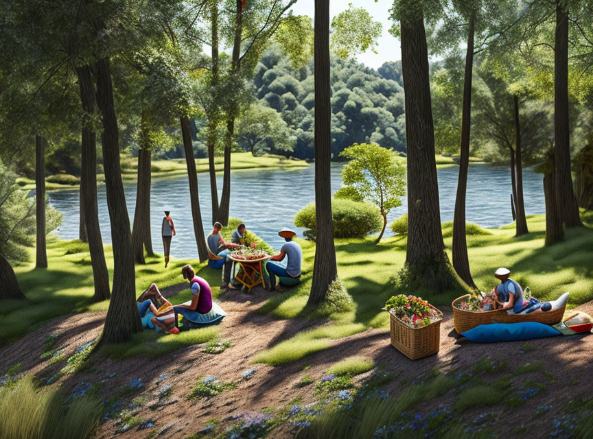 Tranquil park scene with people picnicking near lake