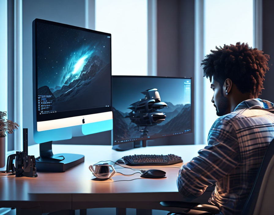 Person at Desk with Headphones and Space Wallpaper Display