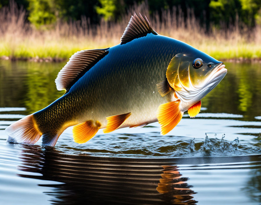 Colorful fish leaping from calm river with trees