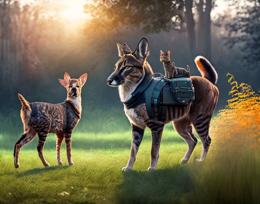 Large Dog Wearing Harness with Cat Riding on Back in Sunlit Grass