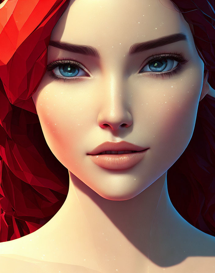 Digital portrait of woman with blue eyes, flawless skin, rosy cheeks, red headpiece, red