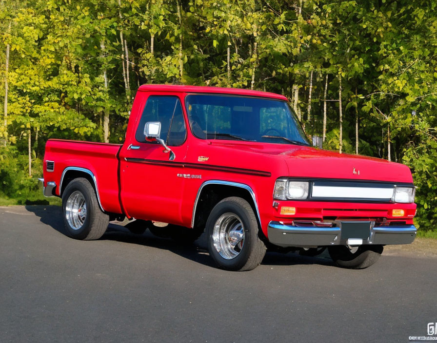 Shiny Red Vintage Pickup Truck on Asphalt with Green Trees