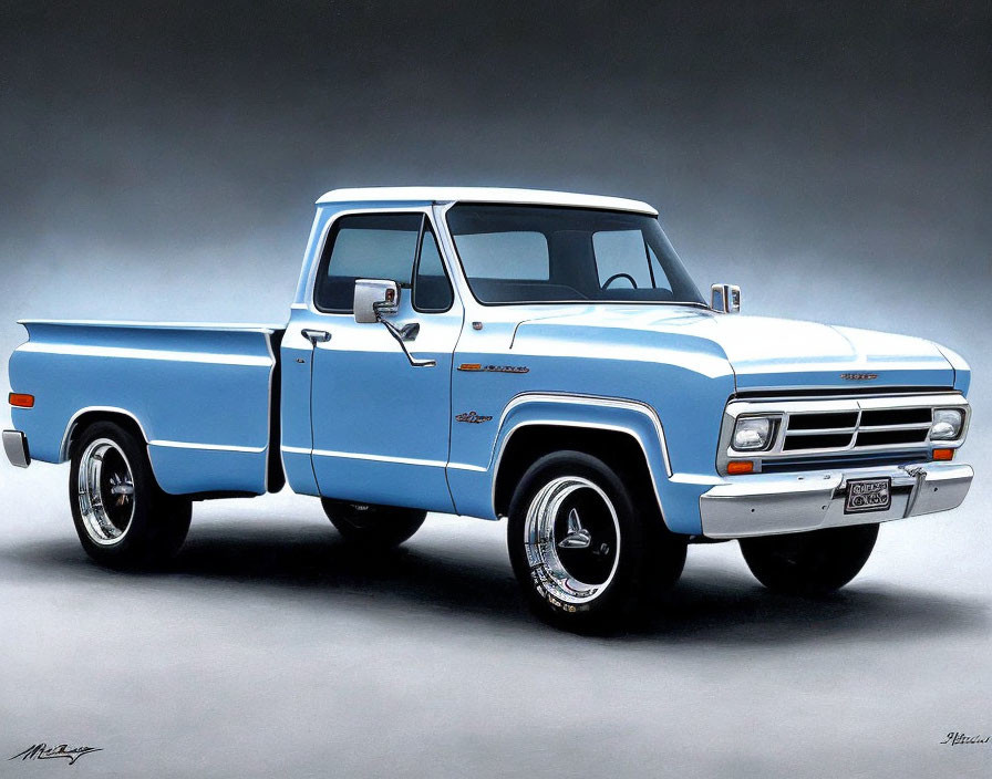 Classic Two-Tone Blue and White Pickup Truck on Grey Background