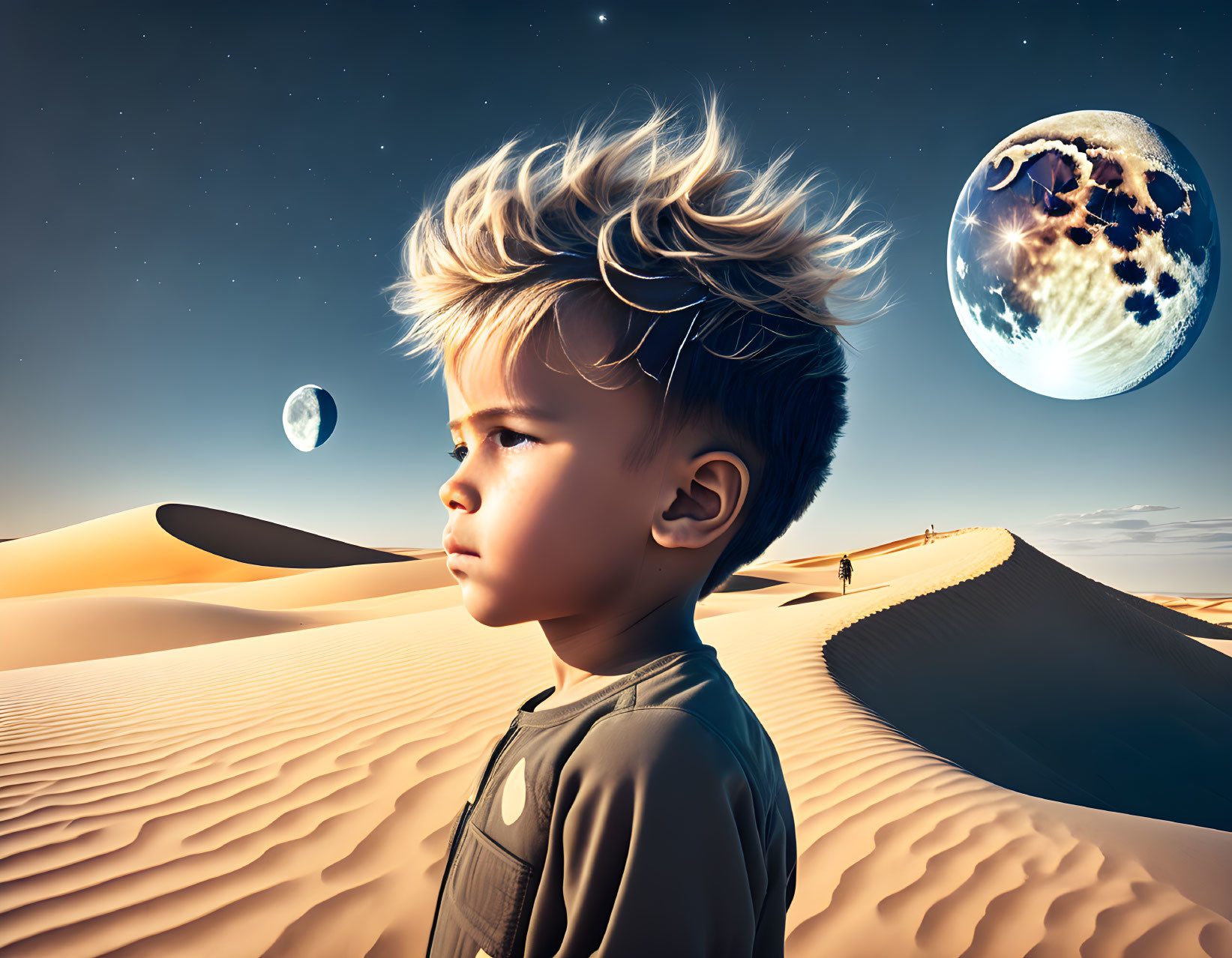 Young boy with windswept hair in desert under two large moons