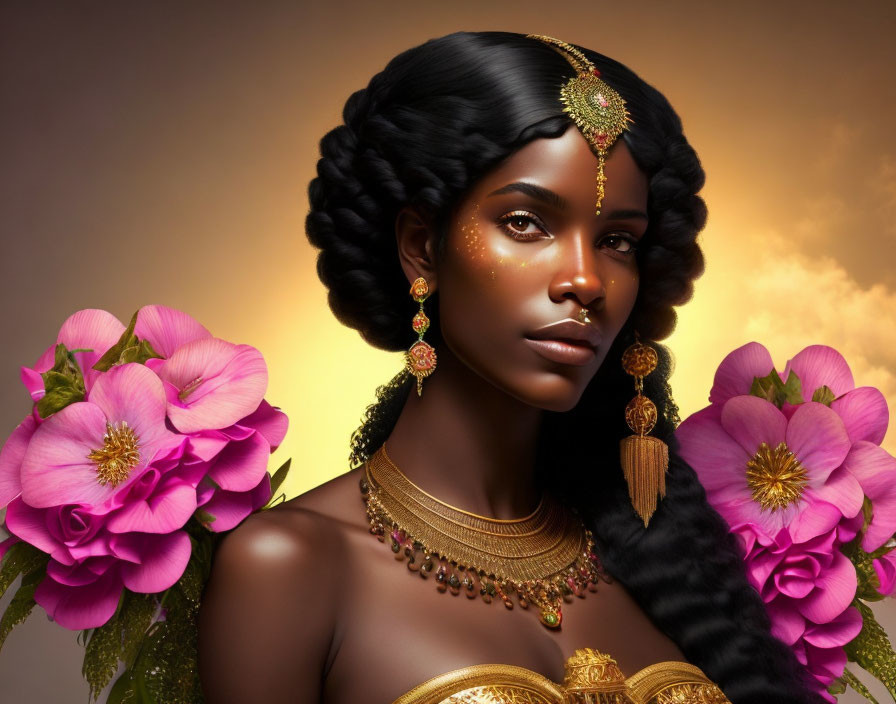 Woman with Intricate Braided Hair, Gold Jewelry, and Pink Flowers: Elegance and Reg