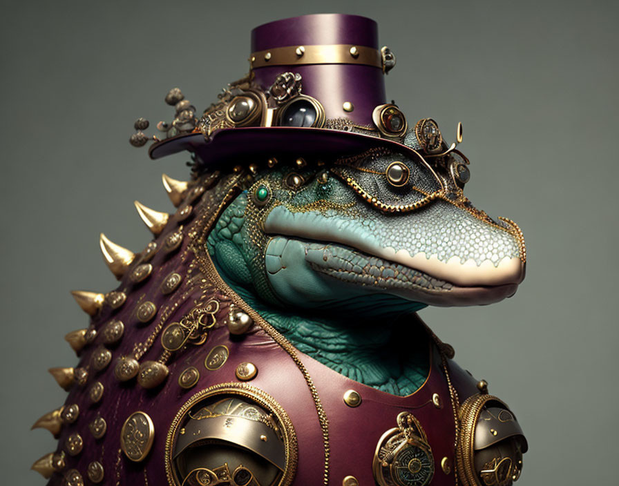 Anthropomorphic lizard in steampunk attire with top hat and brass goggles