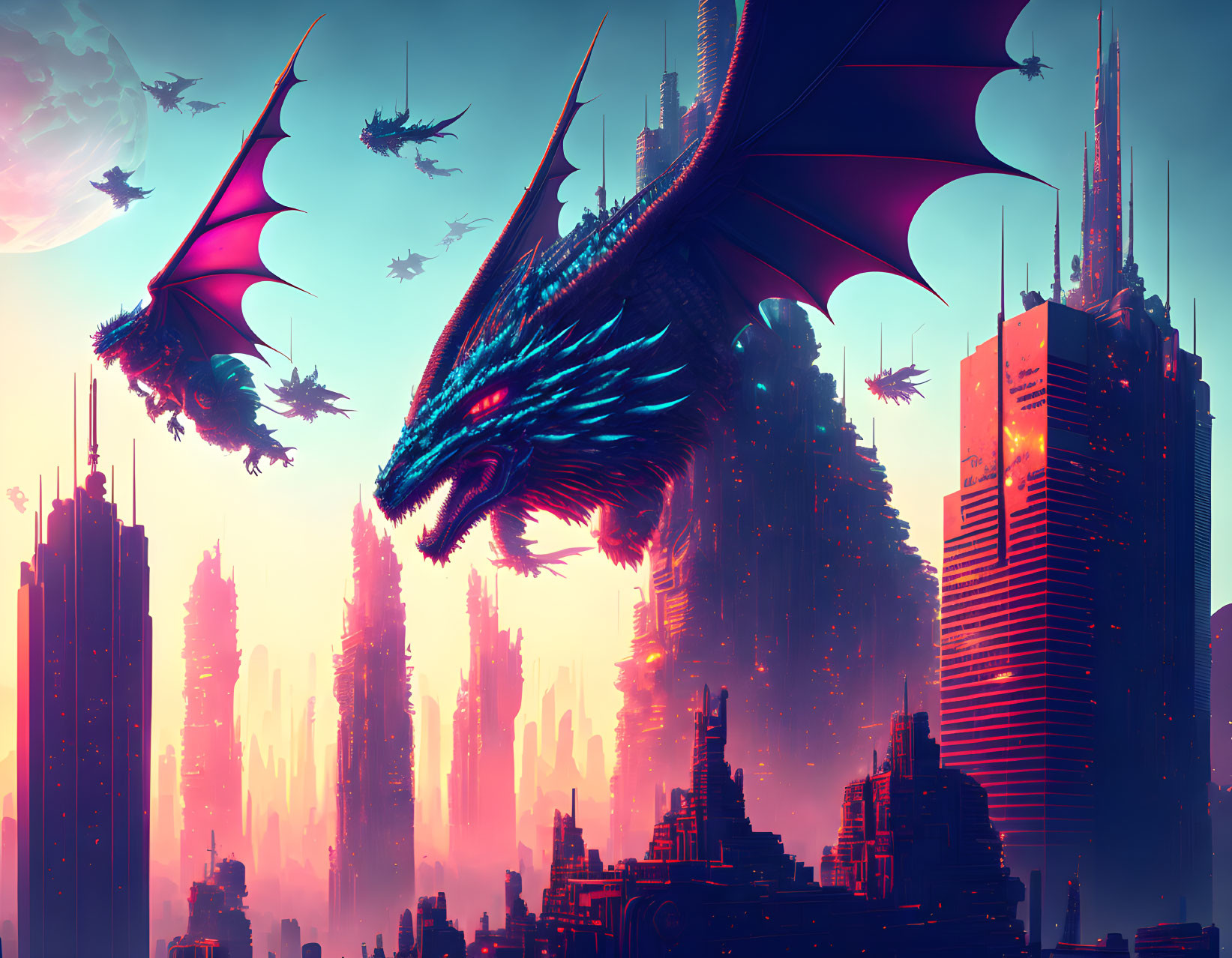 Futuristic cityscape with skyscrapers and flying dragons at dusk