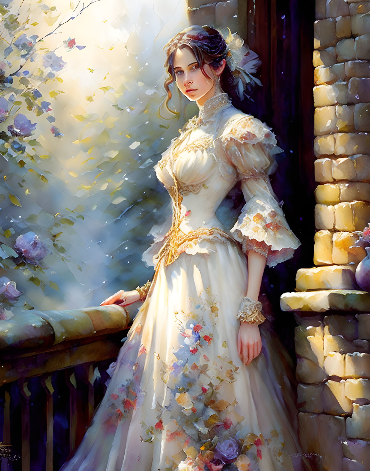 Woman in Elegant White Dress by Stone Balcony in Sunlight