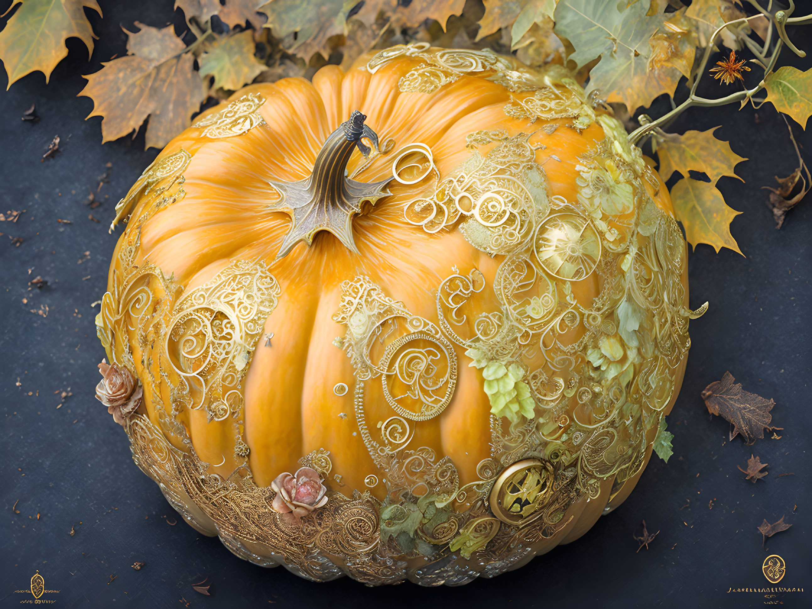 Intricate Gold Filigree Pumpkin with Autumn Leaves on Dark Background