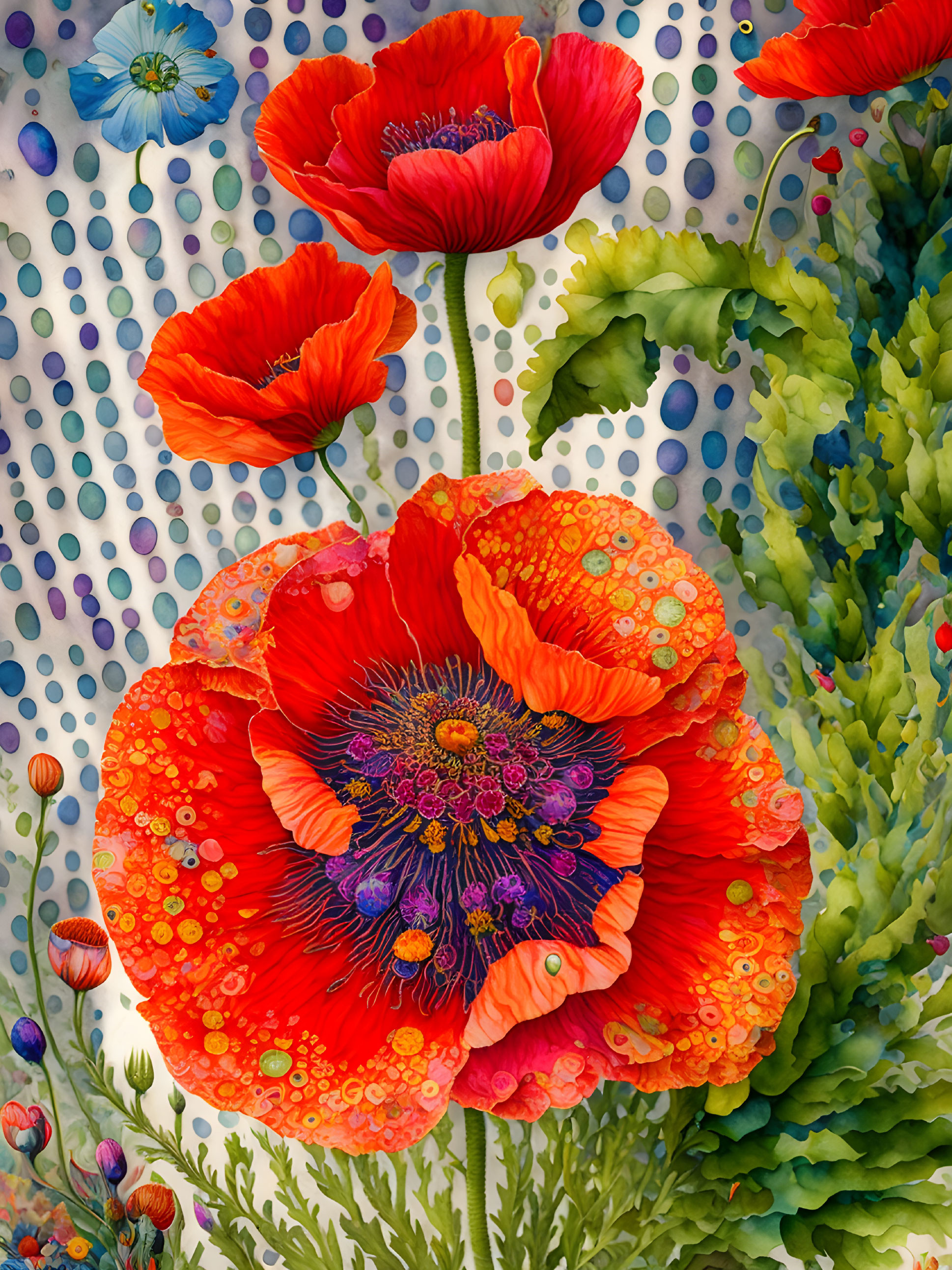 Colorful painting of red poppies with intricate stamens on patterned background.