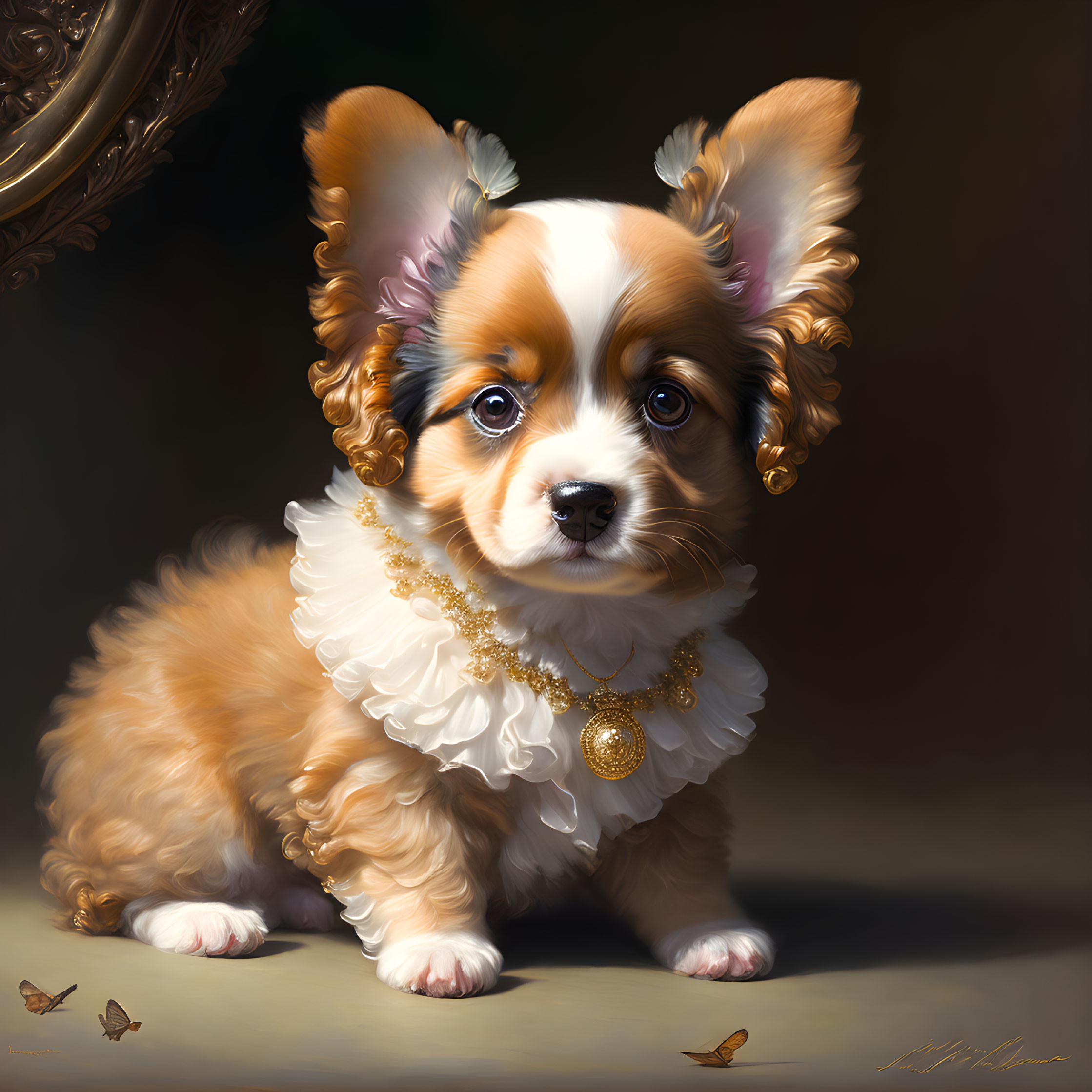 Fluffy puppy with expressive eyes, wearing ruffled collar, beside butterflies