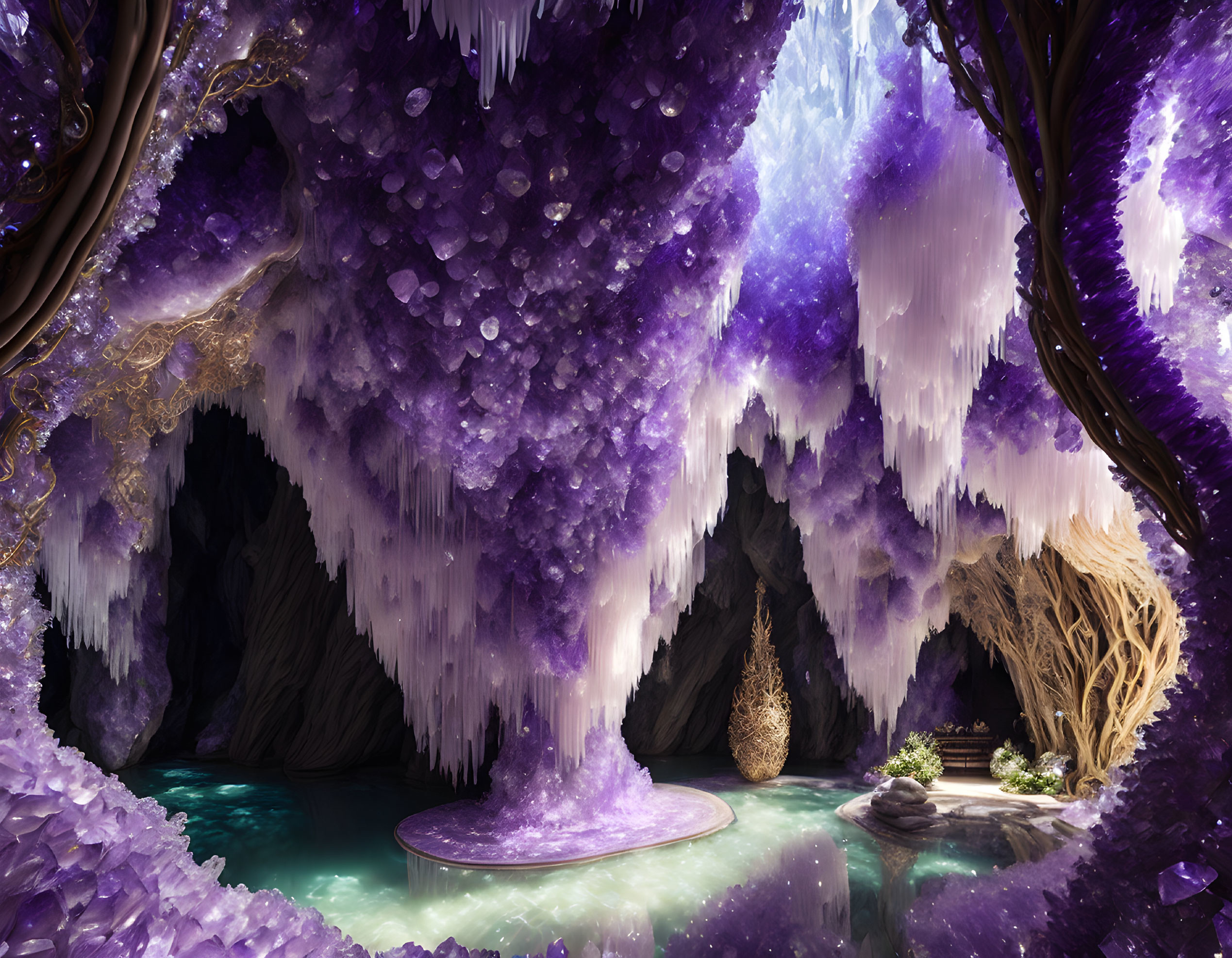 Mystical cave with amethyst crystals, stalactites, turquoise pool, and cozy nook