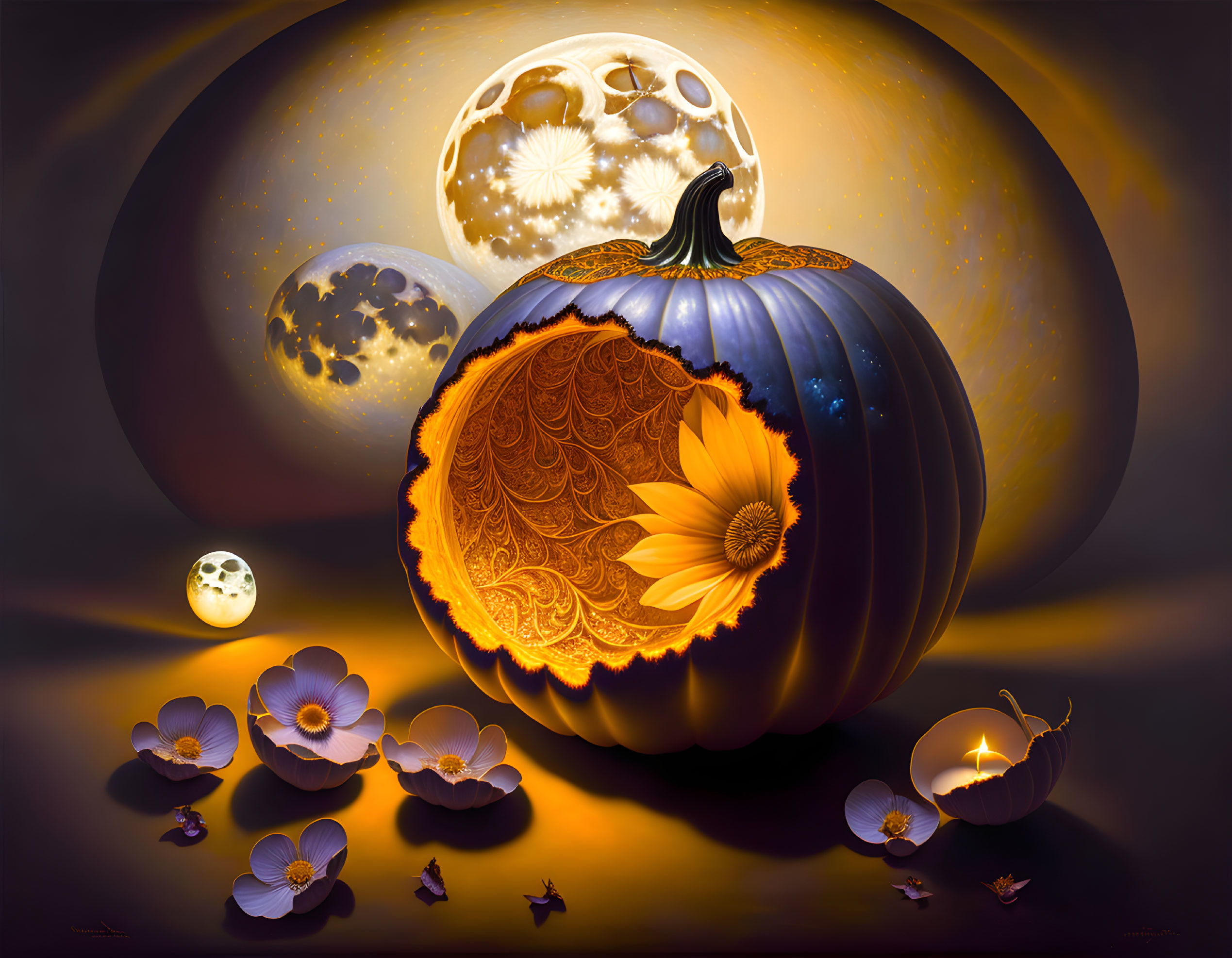 Fantasy image of carved pumpkin, purple flowers, small pumpkins, and three moons.