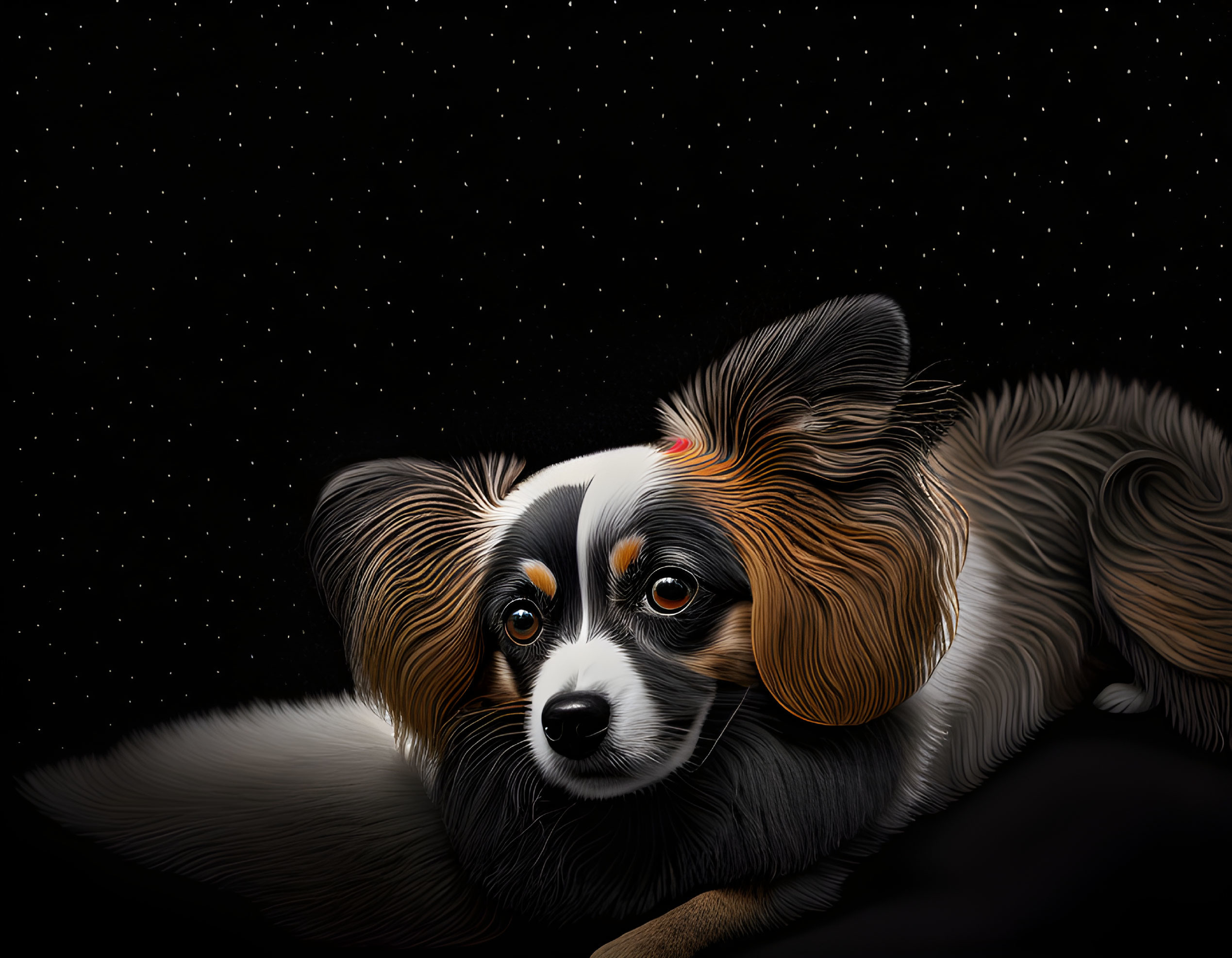 Tricolor dog with striking eyes on starry night backdrop