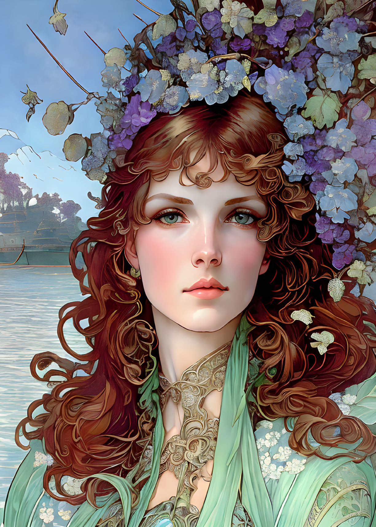 Detailed illustration of woman with curly hair, adorned with purple flowers, wearing green garment by serene lake.