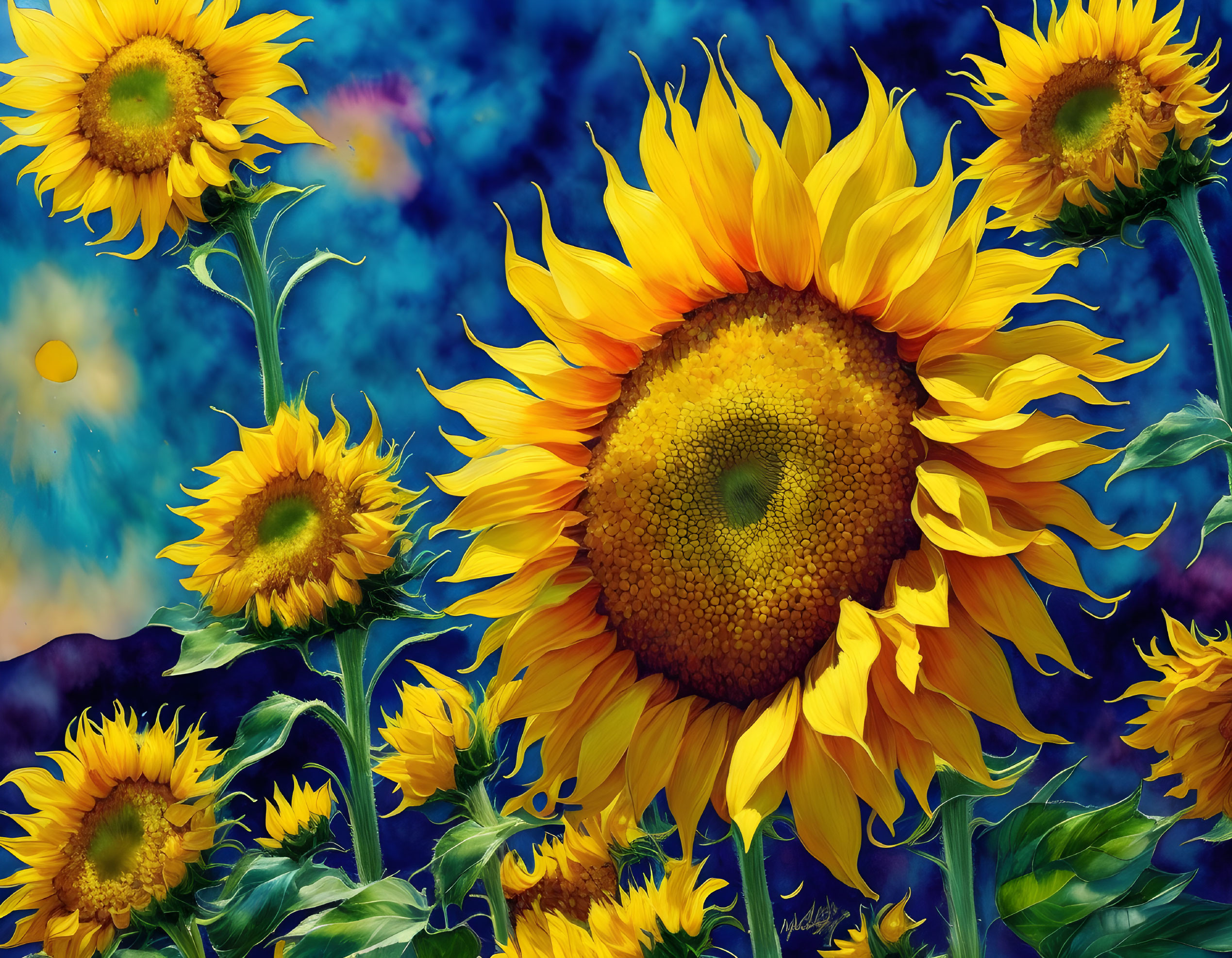 Bright yellow sunflowers on blue and magenta bokeh background