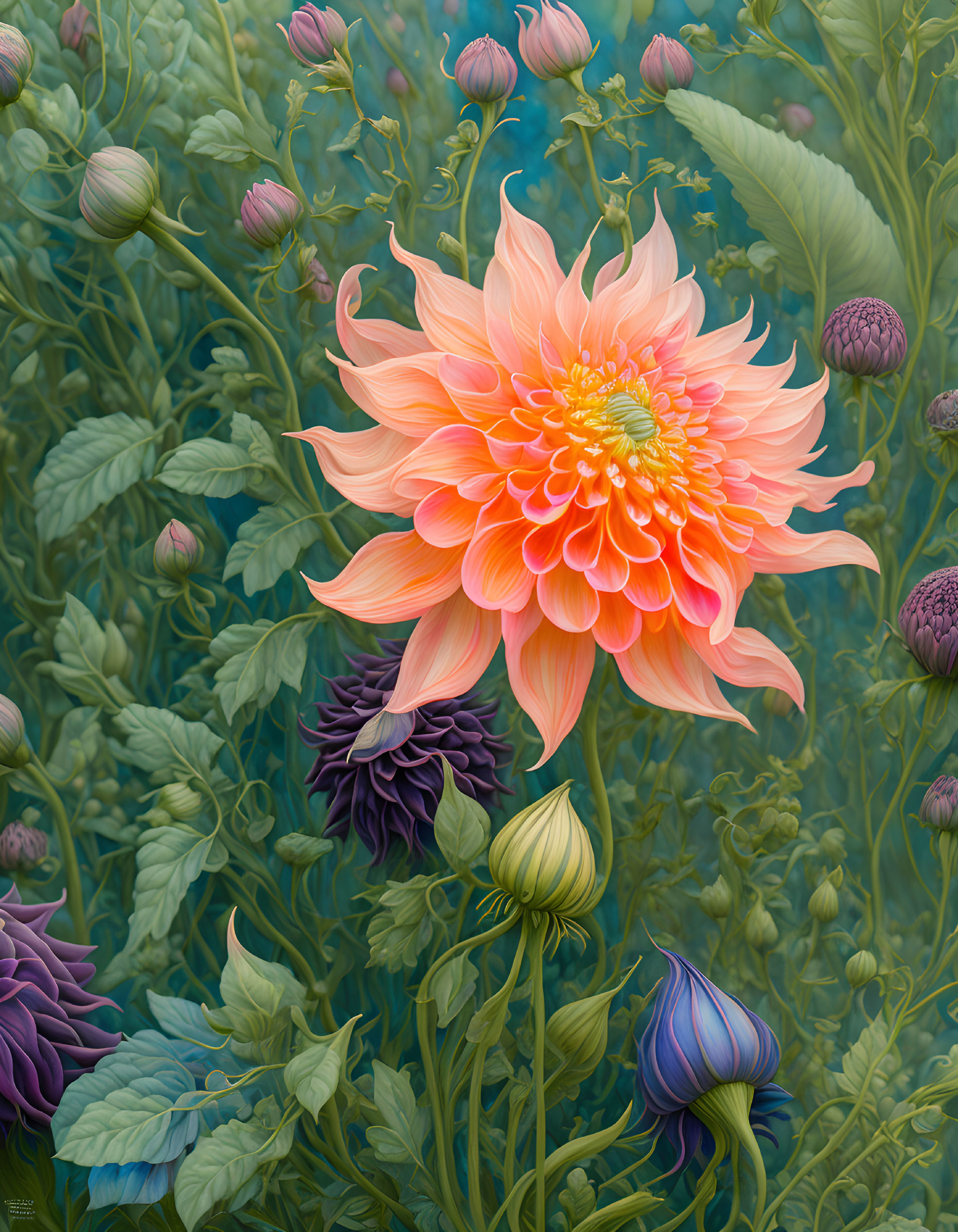 Vibrant orange dahlia in full bloom with purple flowers in background