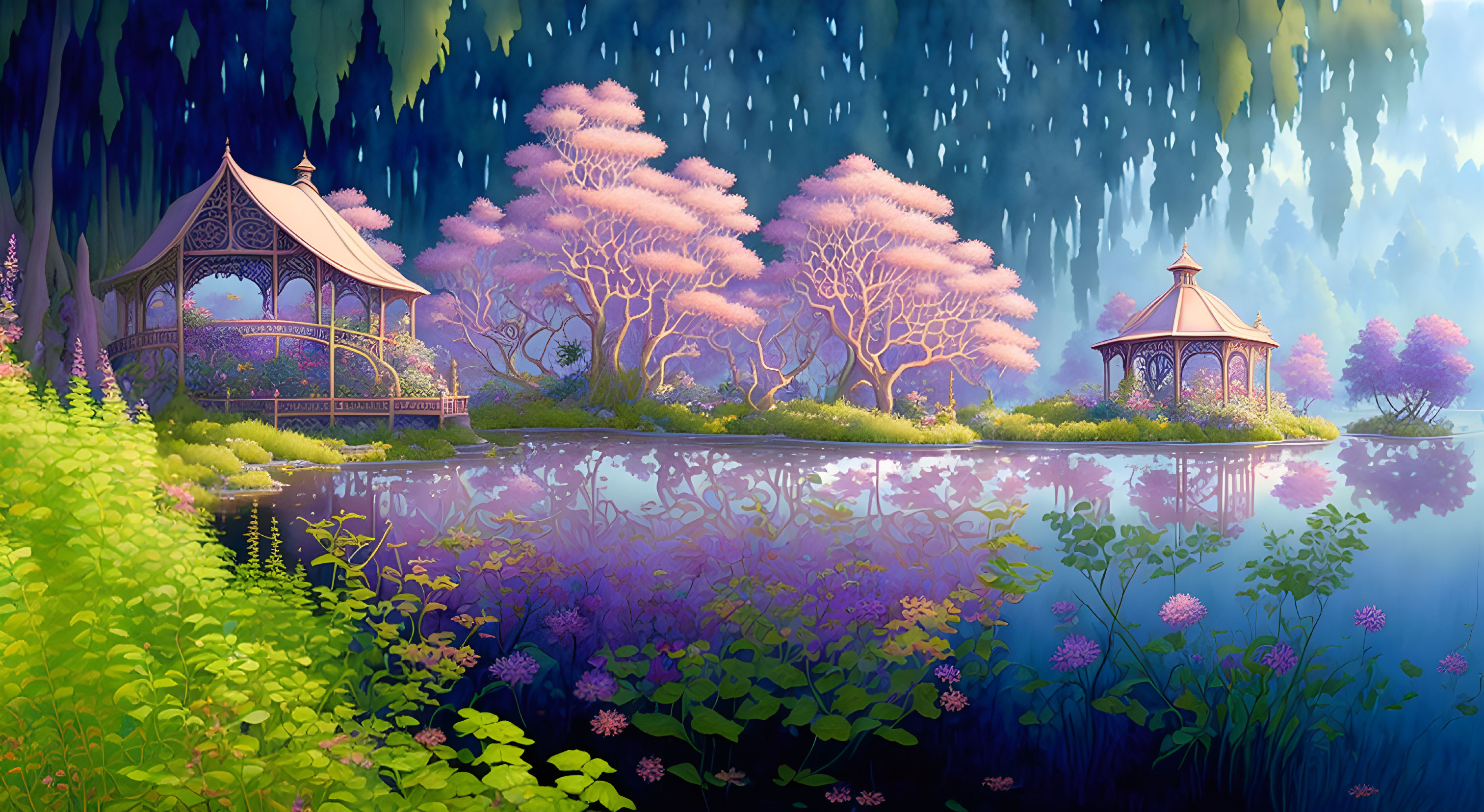 Tranquil fantasy landscape with cherry blossoms, gazebos, and calm lake