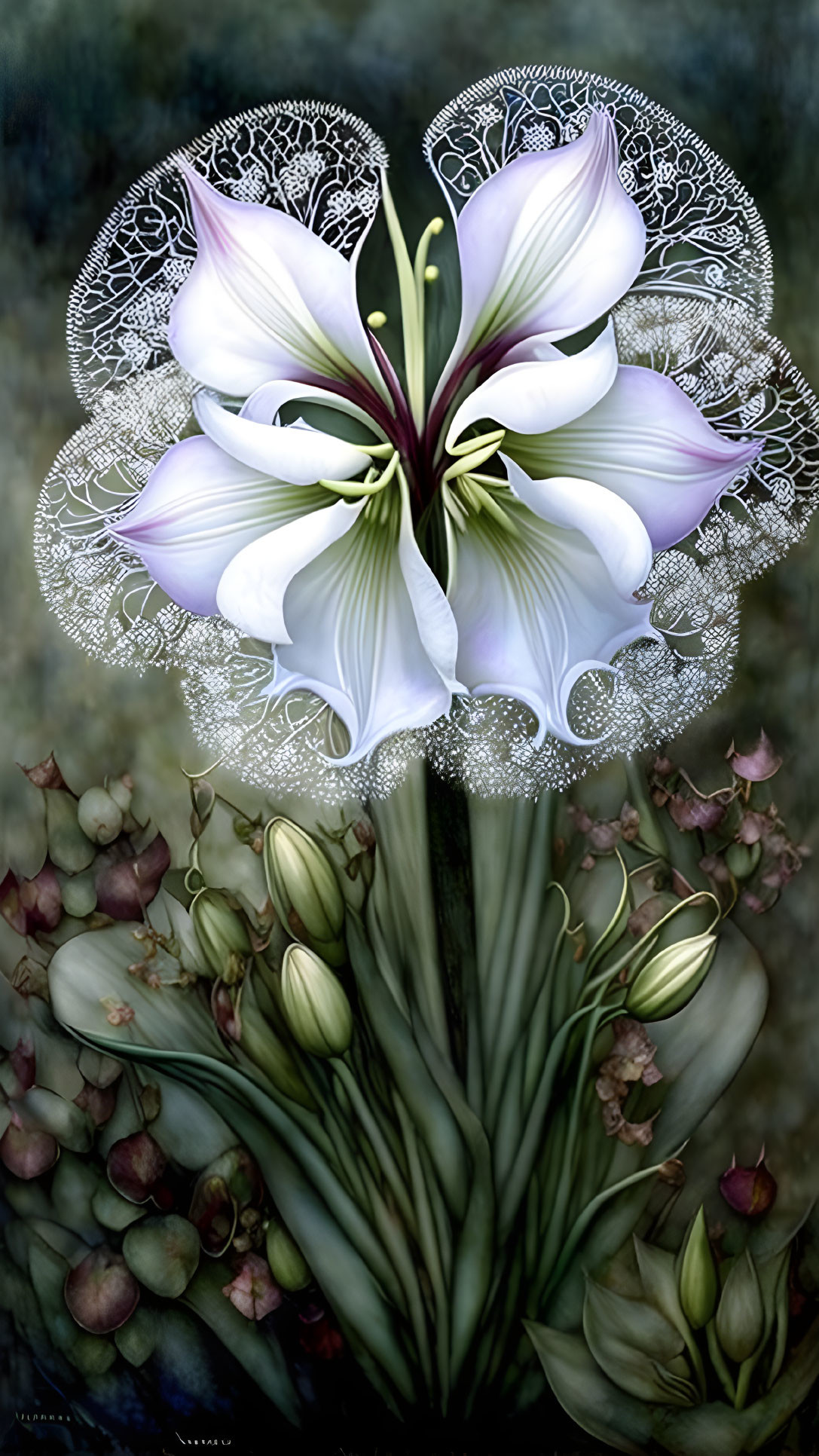 Detailed White Lily Artwork with Filigree Patterns on Circular Backdrop