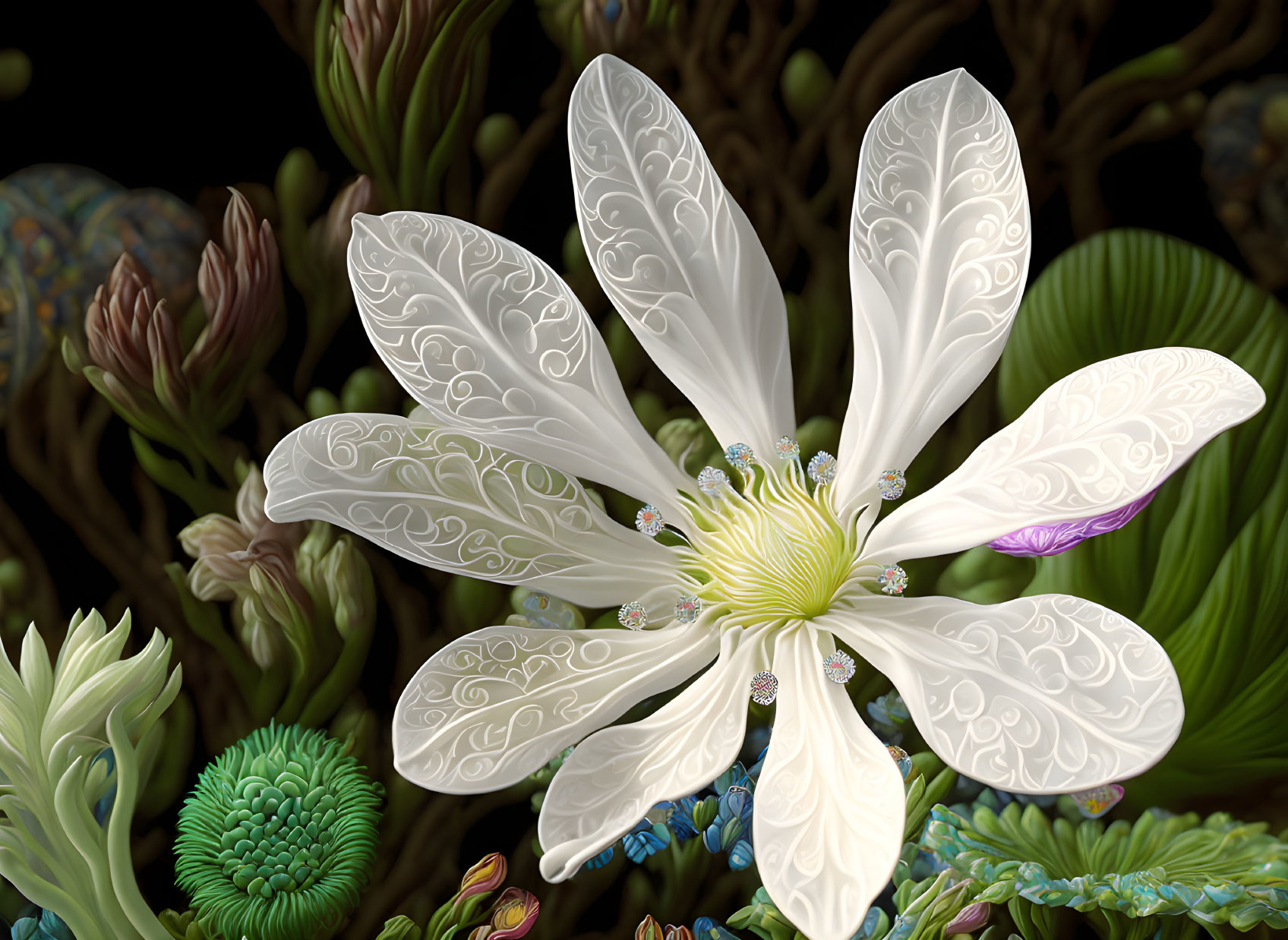 White Flower Digital Artwork with Ornate Patterns and Vibrant Plant Life