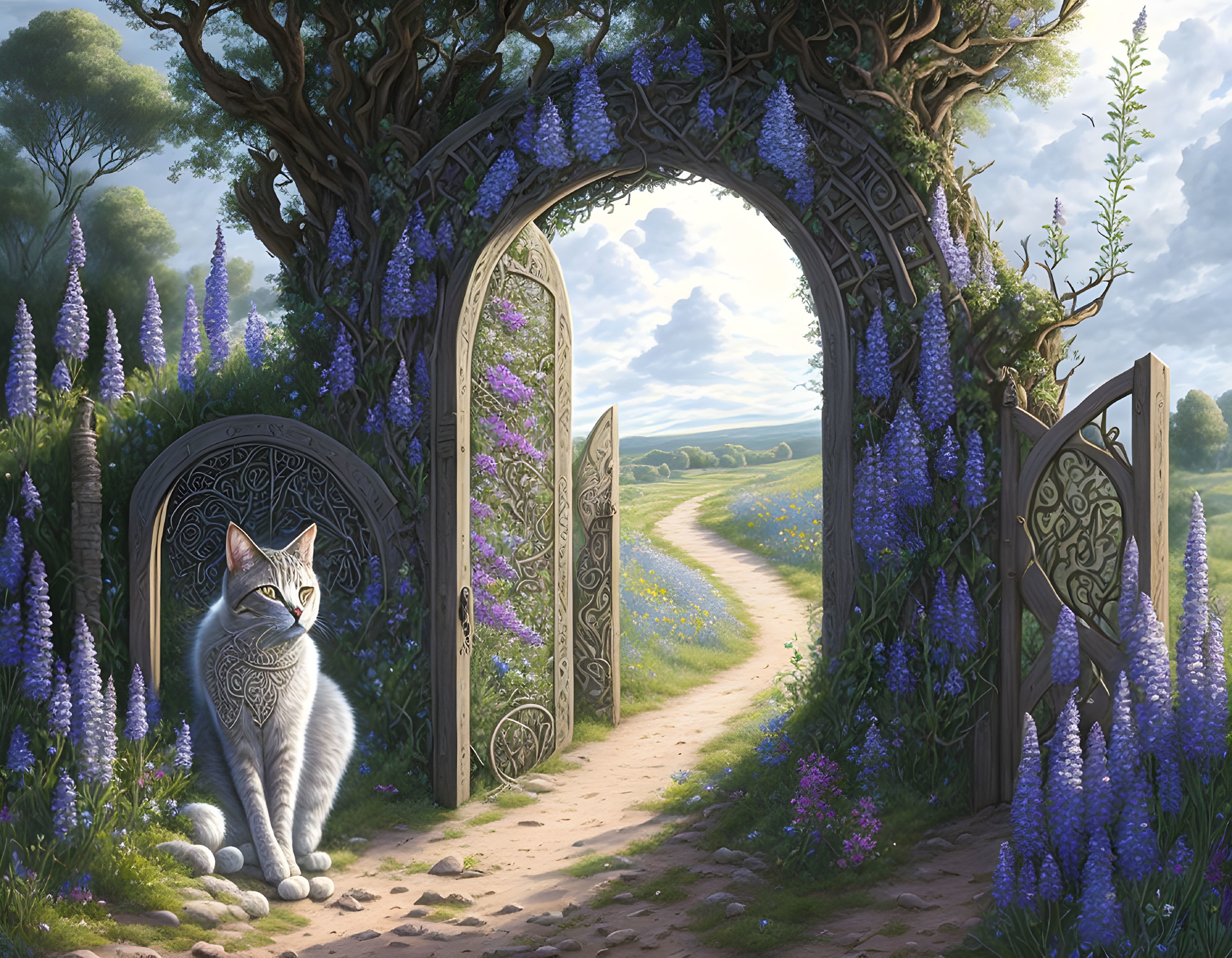 Tranquil landscape with ornate gate, purple flowers, cat, and winding path