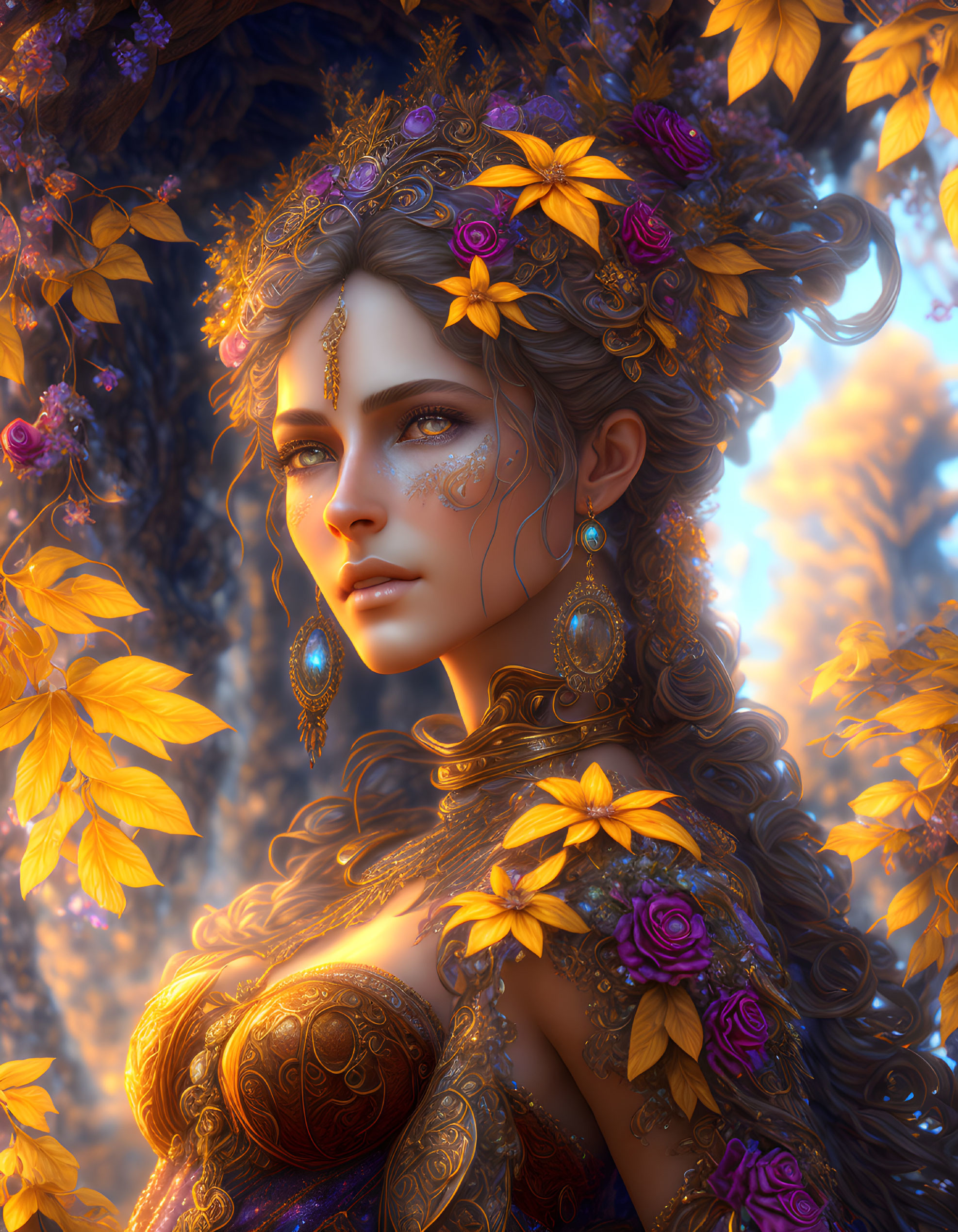 Fantasy female character with autumn floral jewelry and tattoos in golden forest.