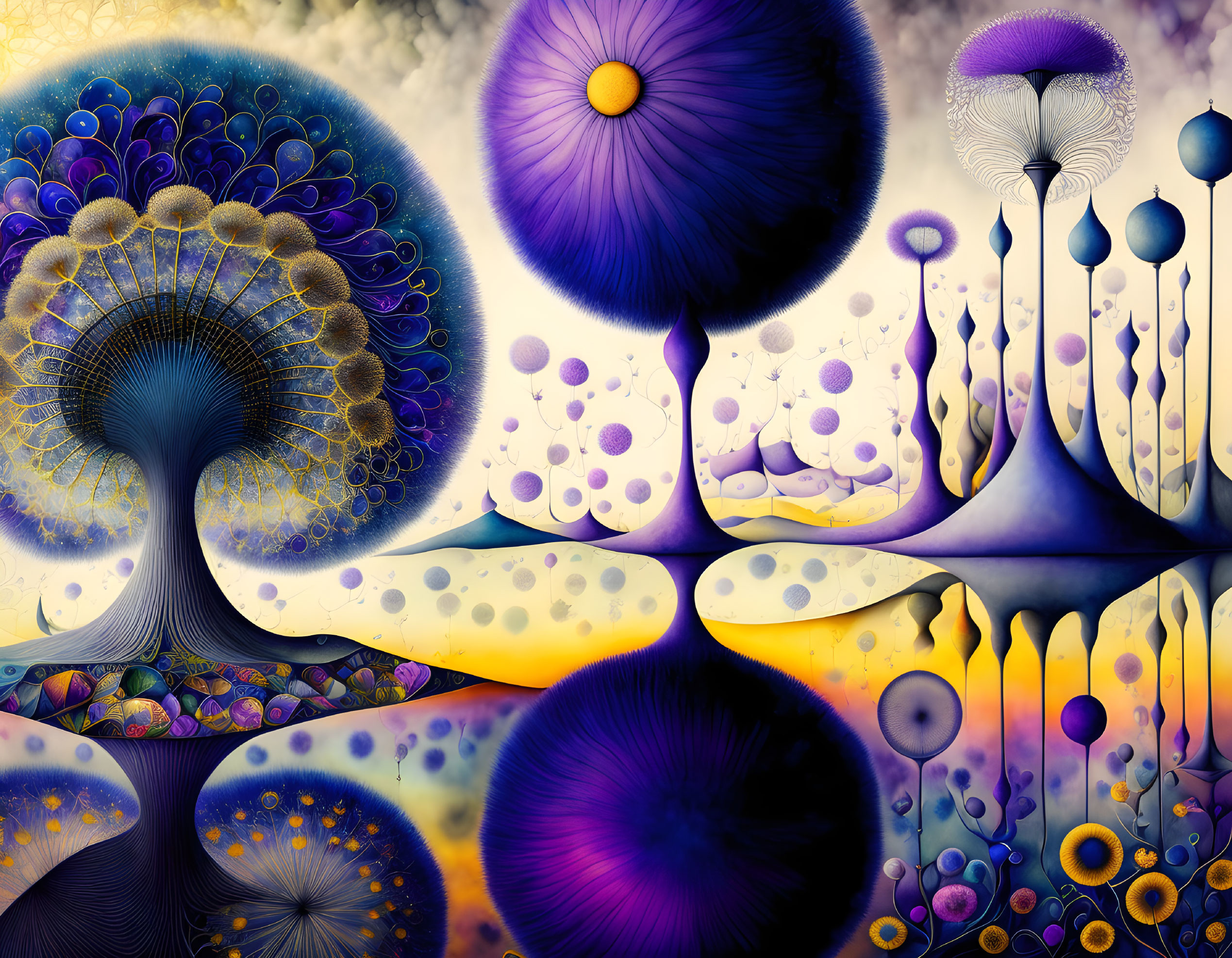 Colorful abstract art with psychedelic tree and circular patterns