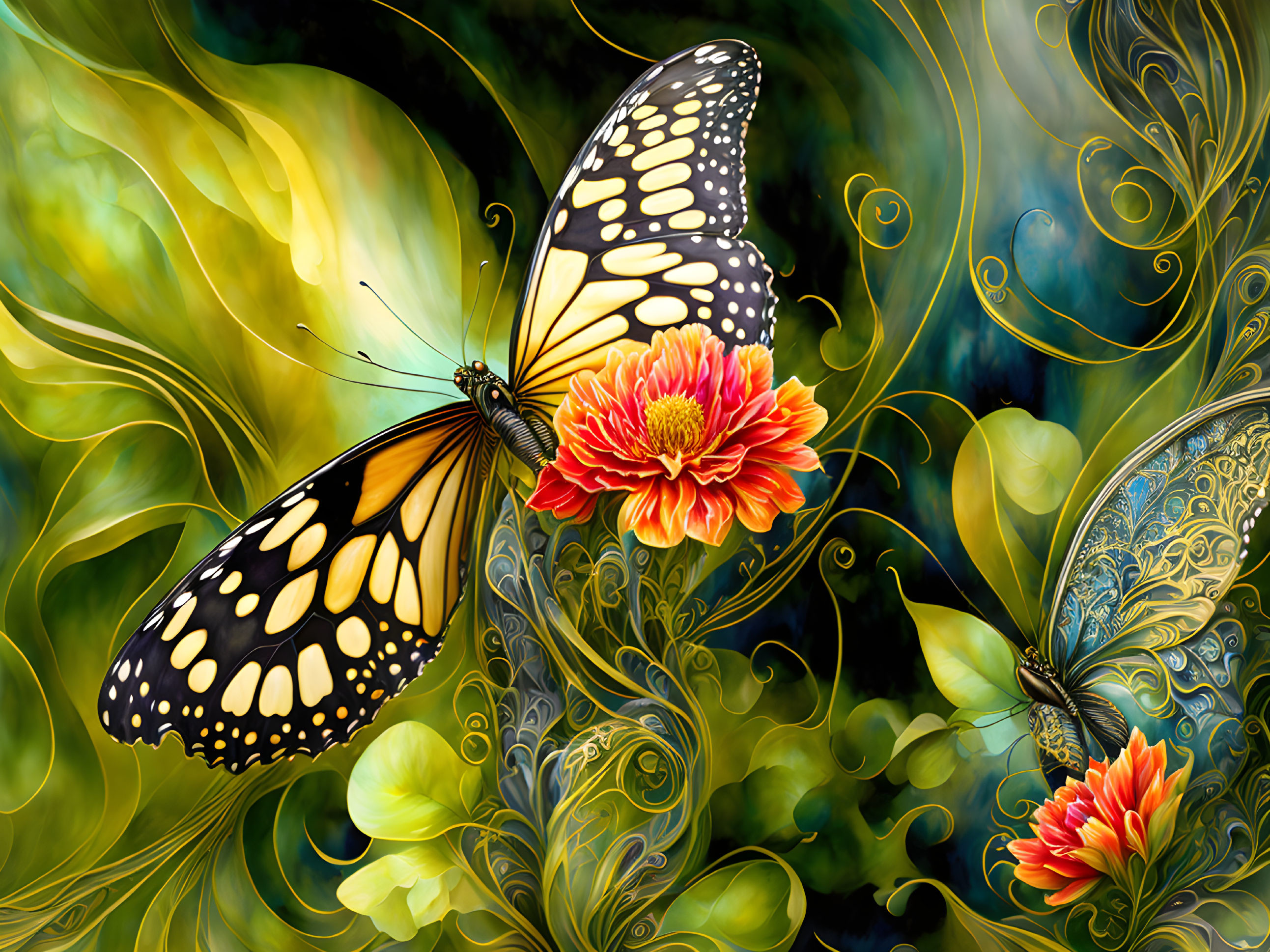 Colorful Digital Artwork: Two Intricate Butterflies on Orange Flowers