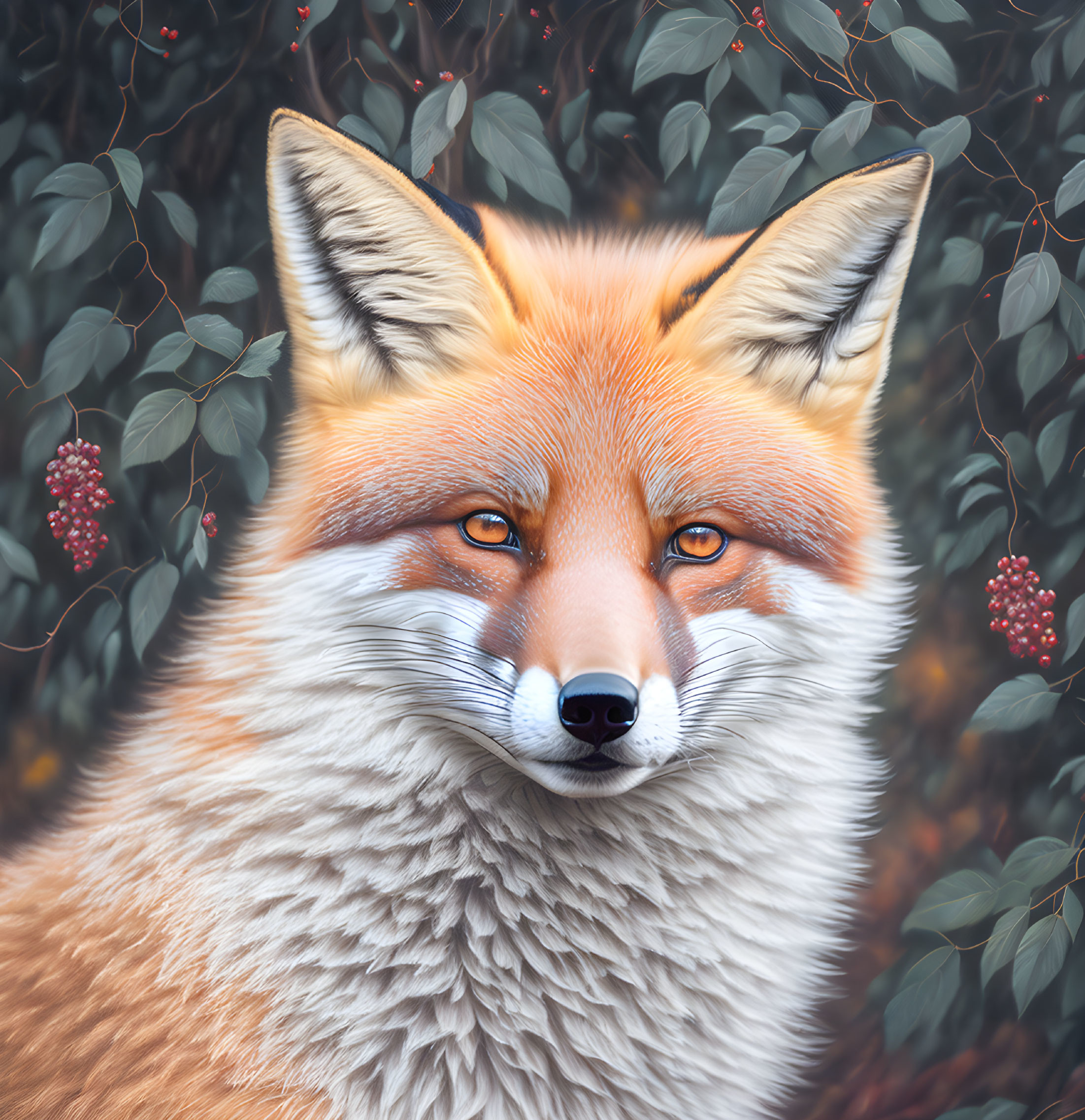 Realistic digital illustration of a red fox in vibrant orange fur amidst green foliage and red berries