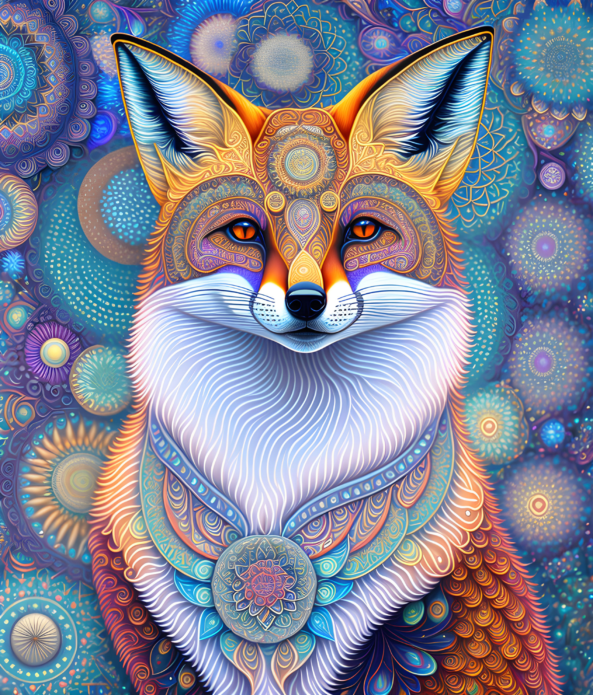 Colorful Fox Illustration with Psychedelic Patterns and Mandala Background