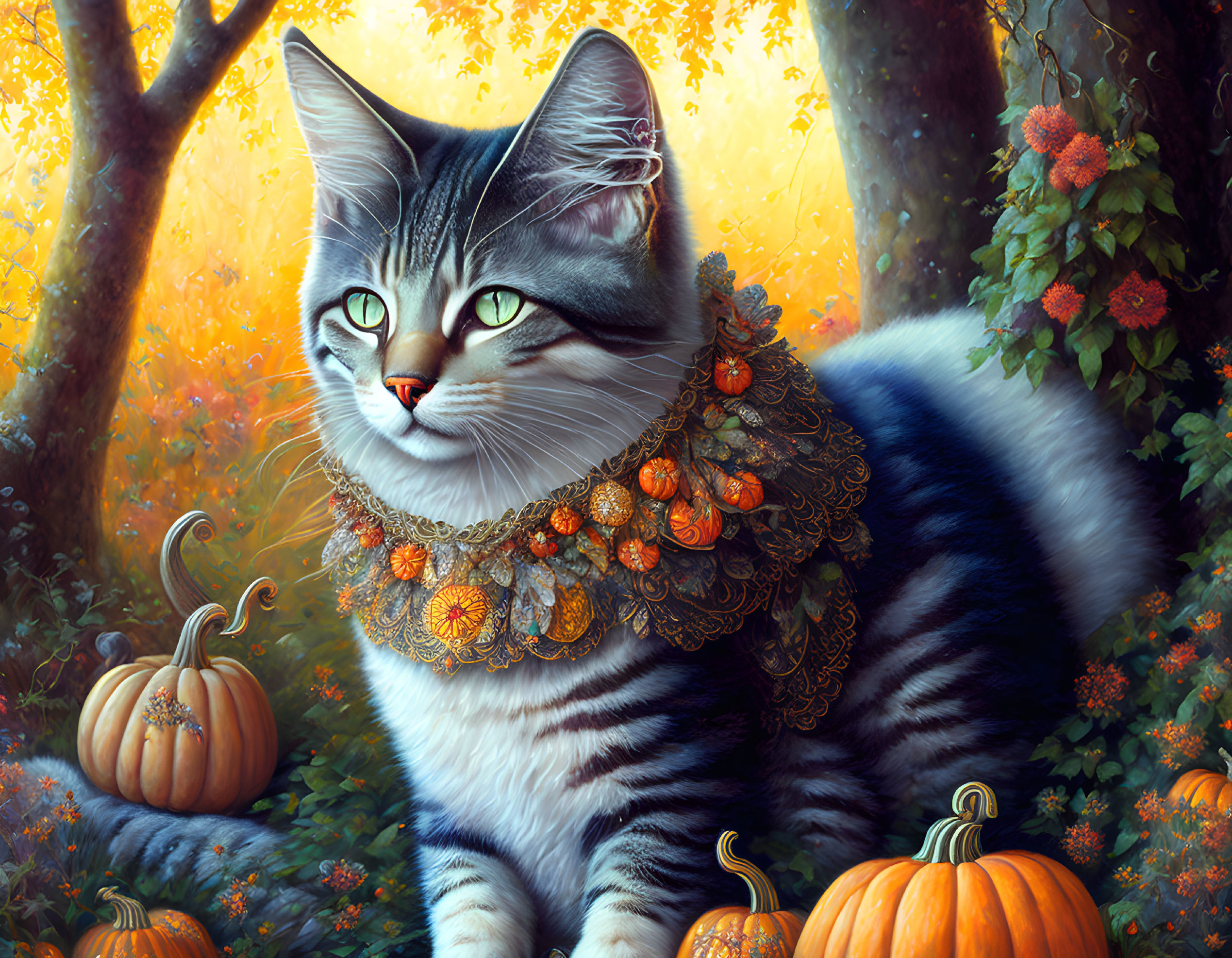 Tabby Cat with Lace Collar Surrounded by Autumn Pumpkins and Foliage