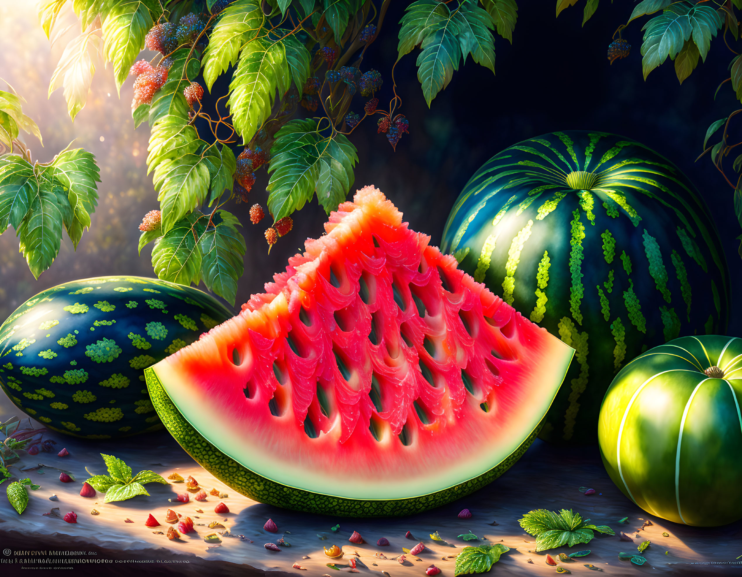 Fresh whole and sliced watermelons with cut piece, set in lush green surroundings