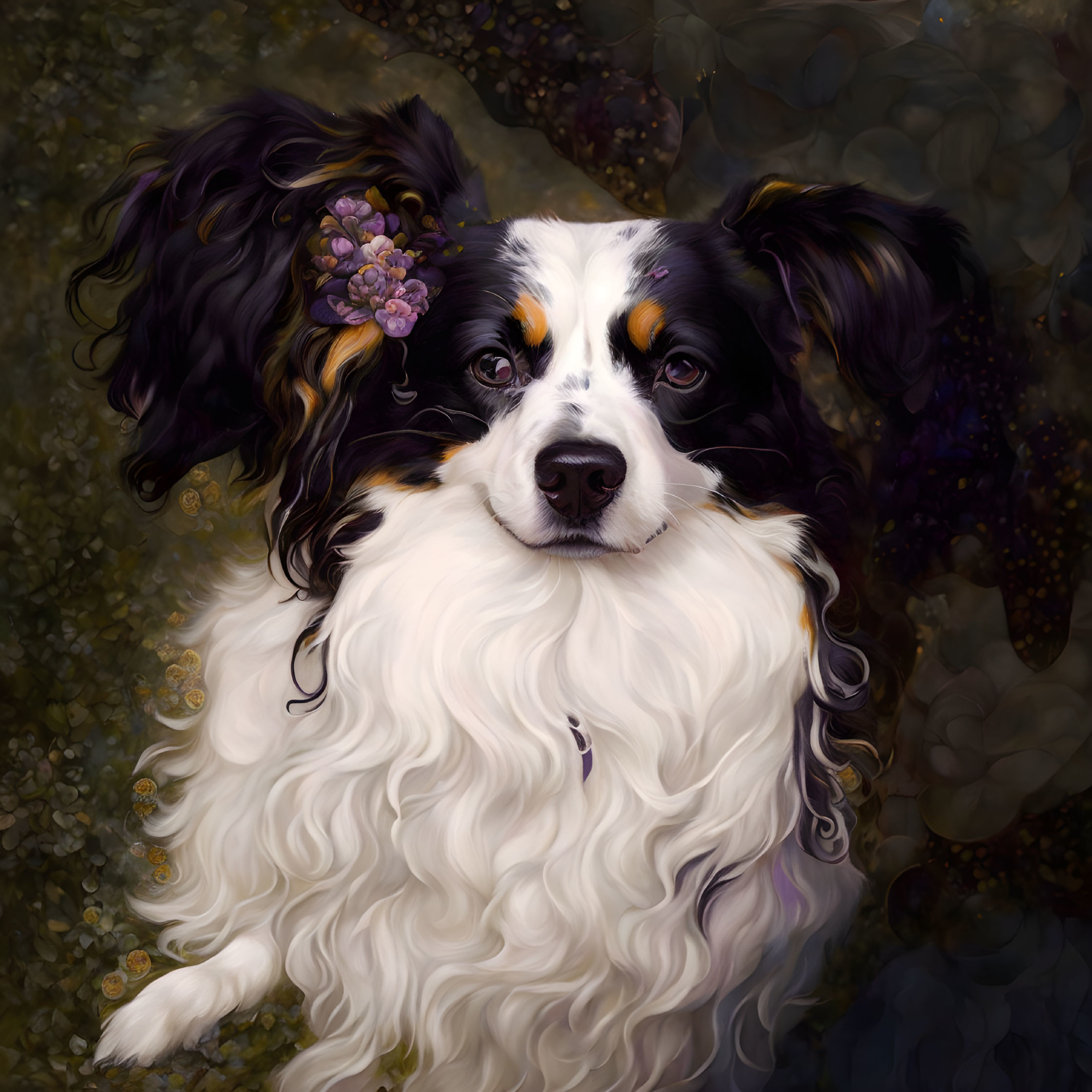 Distinctive black and white dog with flower against earthy background