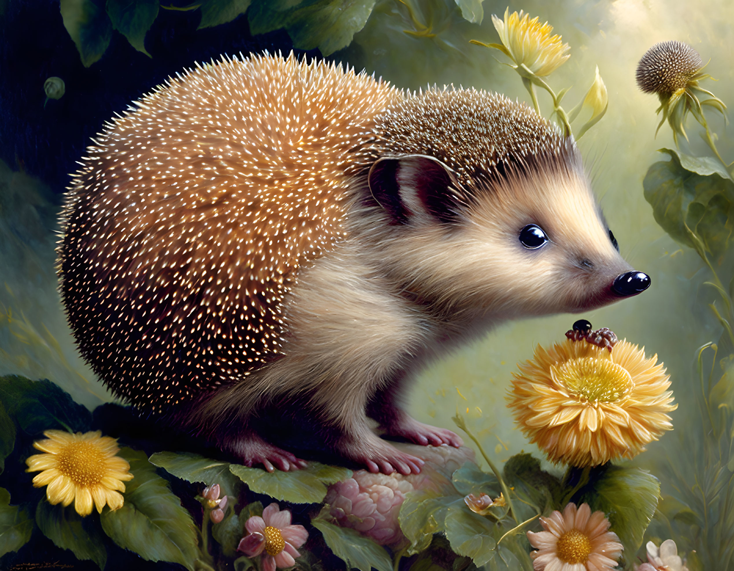 Detailed Painting of Hedgehog Among Flowers and Foliage