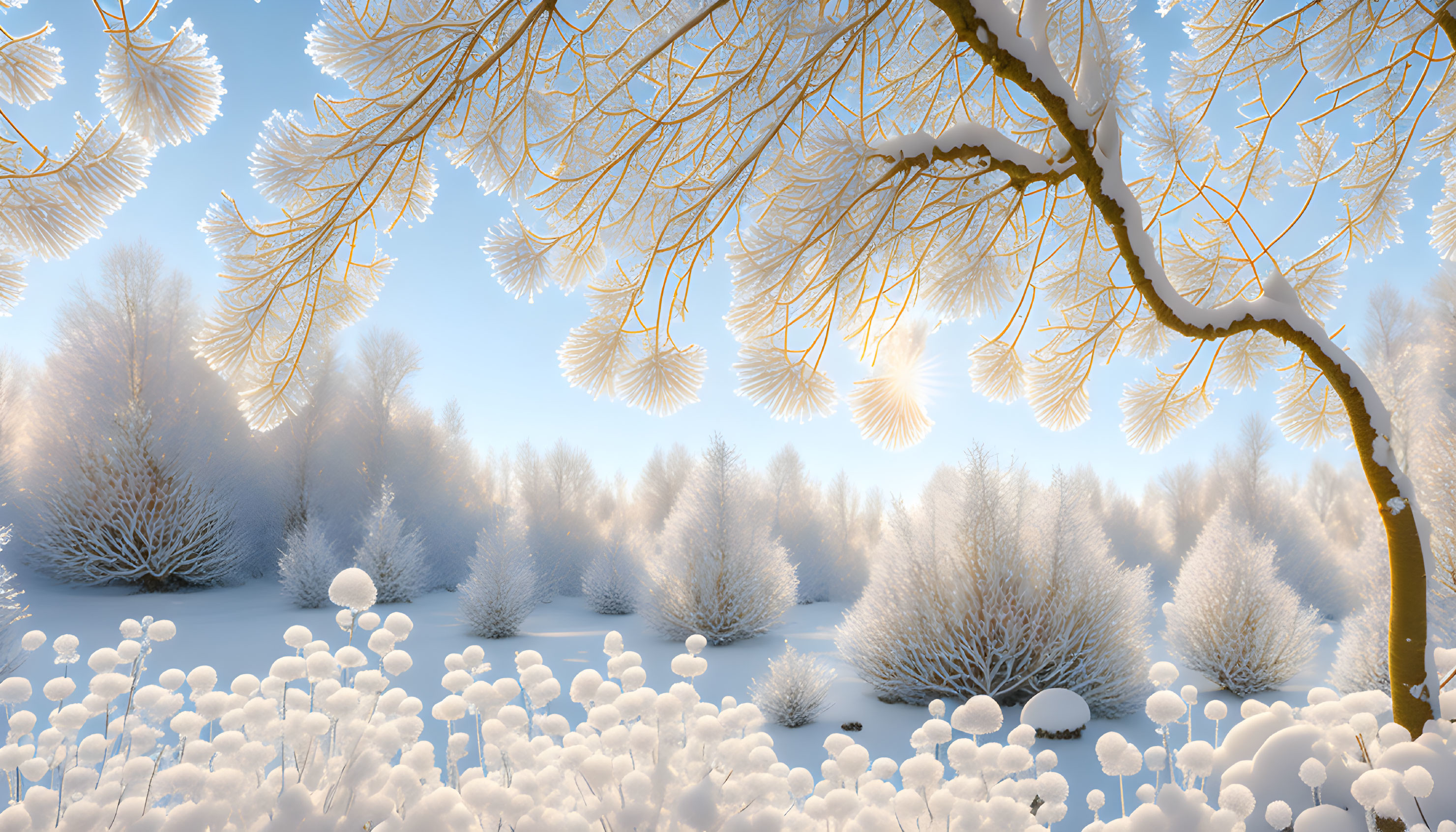 Snow-covered trees in serene winter landscape with frosted branches and soft sunlight.