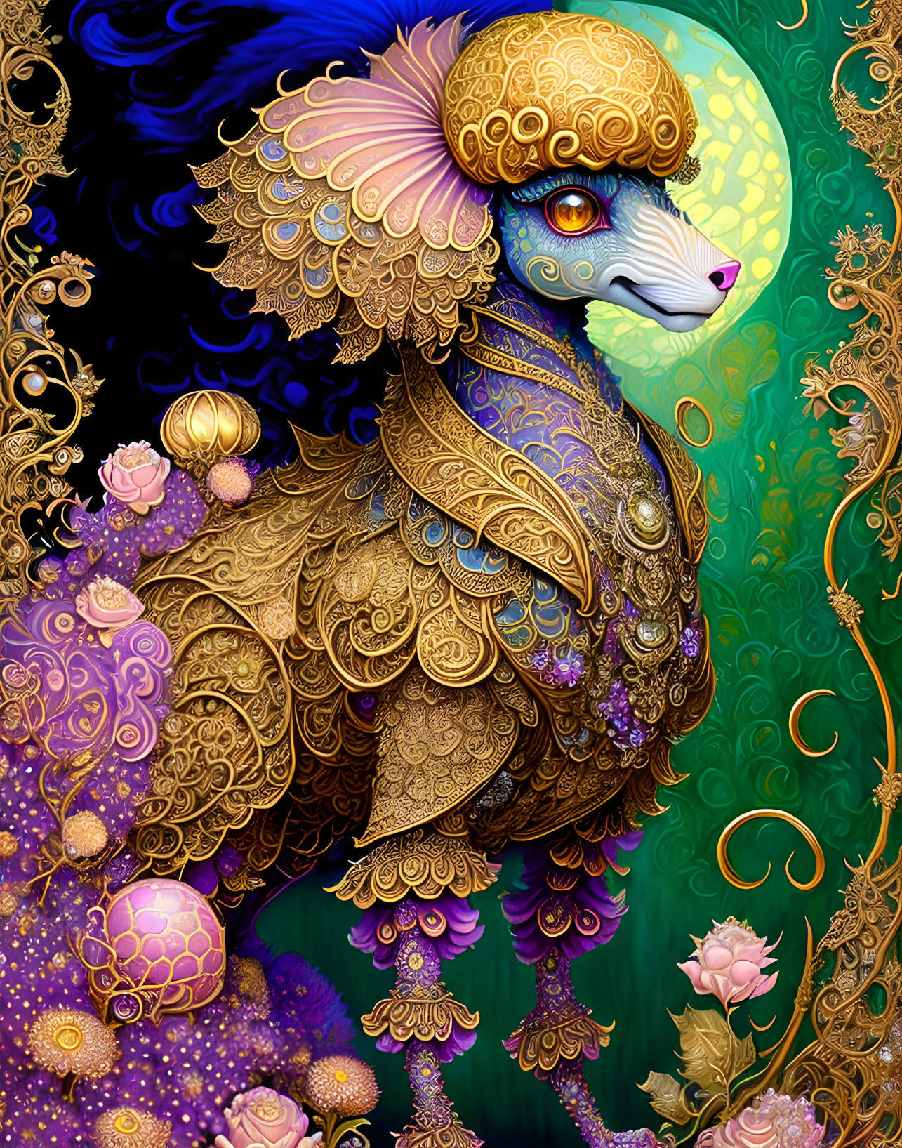 Colorful fantasy bird illustration with gold and purple plumage on dark green background.