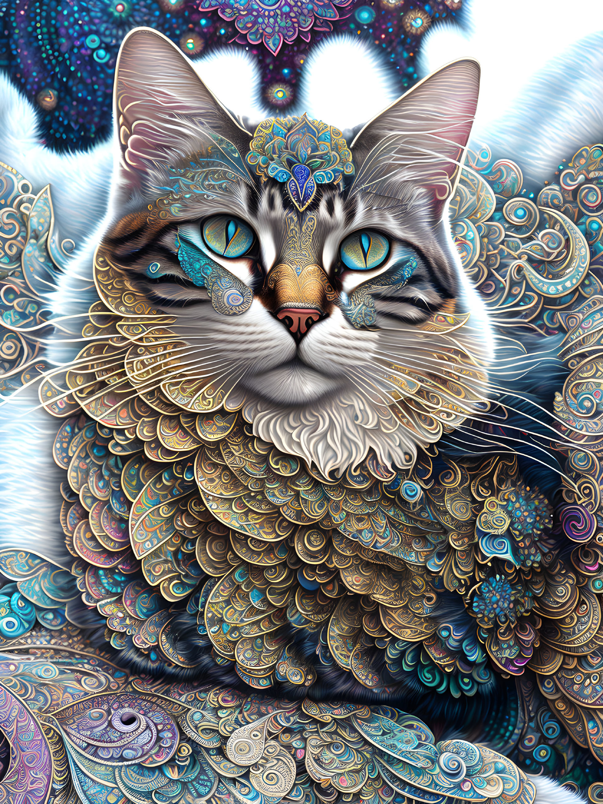 Colorful Cat Illustration with Peacock Feather and Mandala Patterns