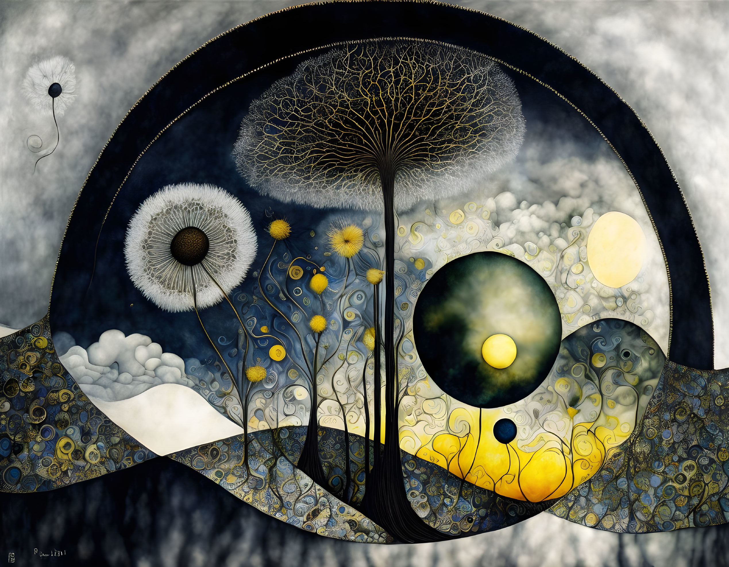 Surreal artwork: Stylized trees, full moon, dreamlike landscape, intricate floral and