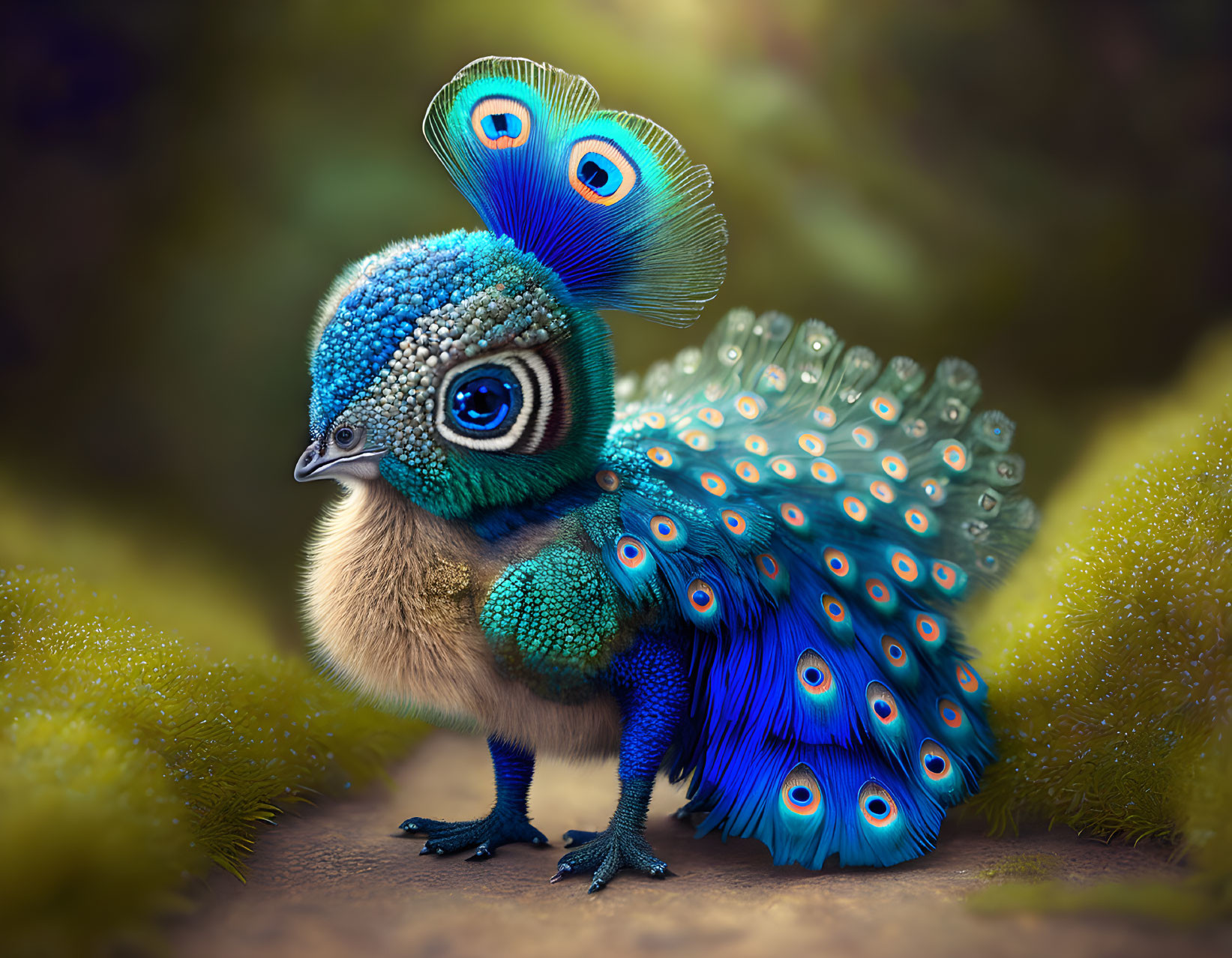 Whimsical creature with chick body and peacock plumage in forest setting