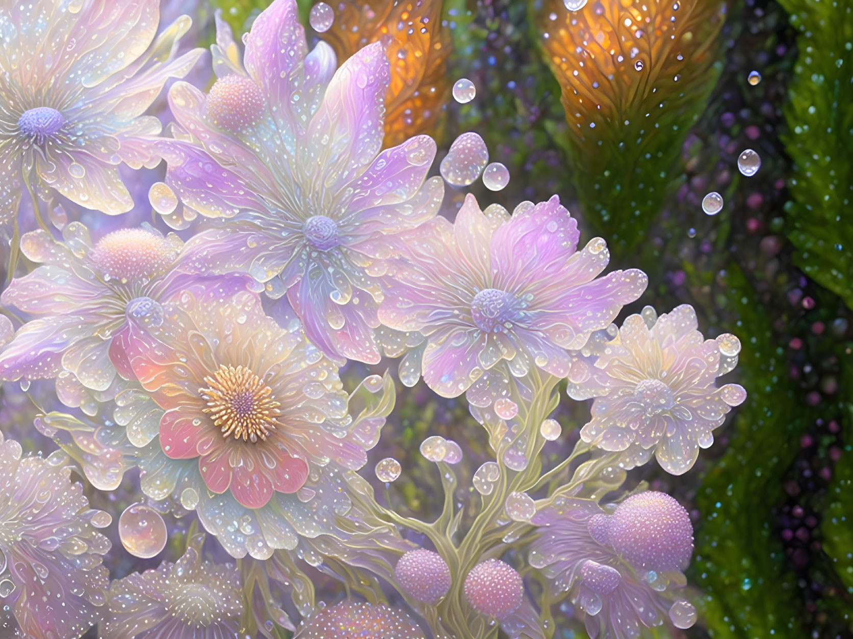 Colorful dew-covered flowers with purple, pink, and orange petals in close-up view.