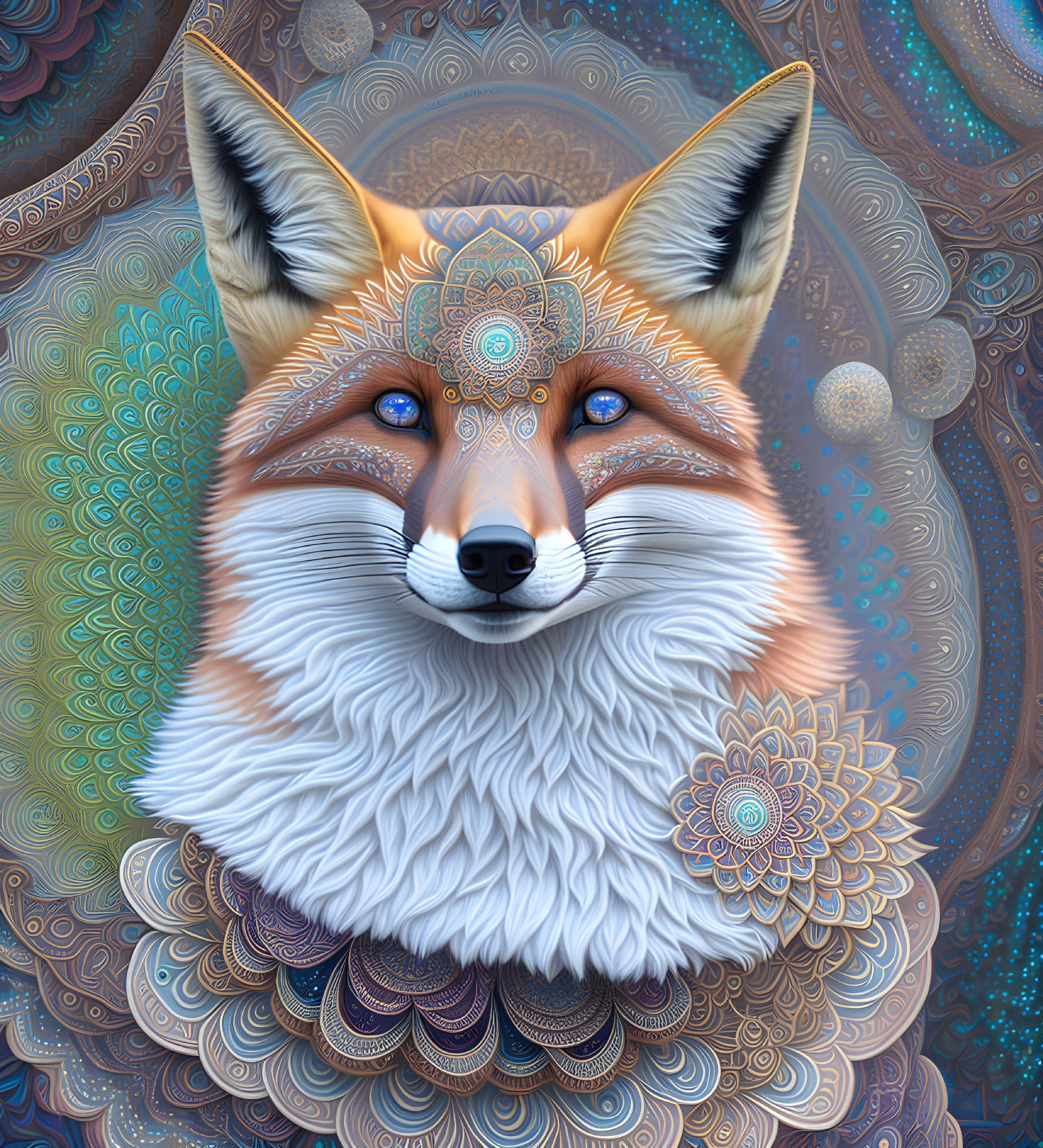 Colorful Fox Illustration with Mandala Patterns in Blue, Orange, and Brown