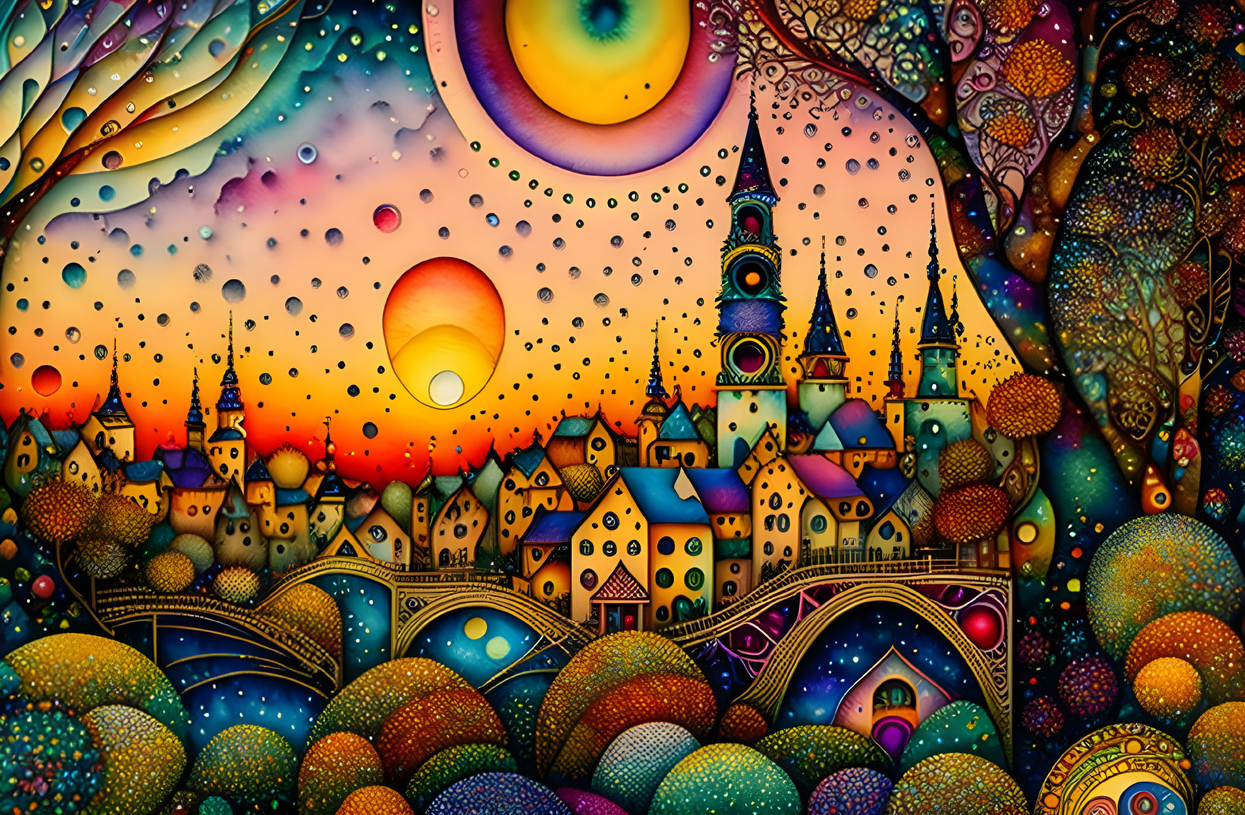 Colorful Fantasy Landscape with Whimsical Architecture and Surreal Sky