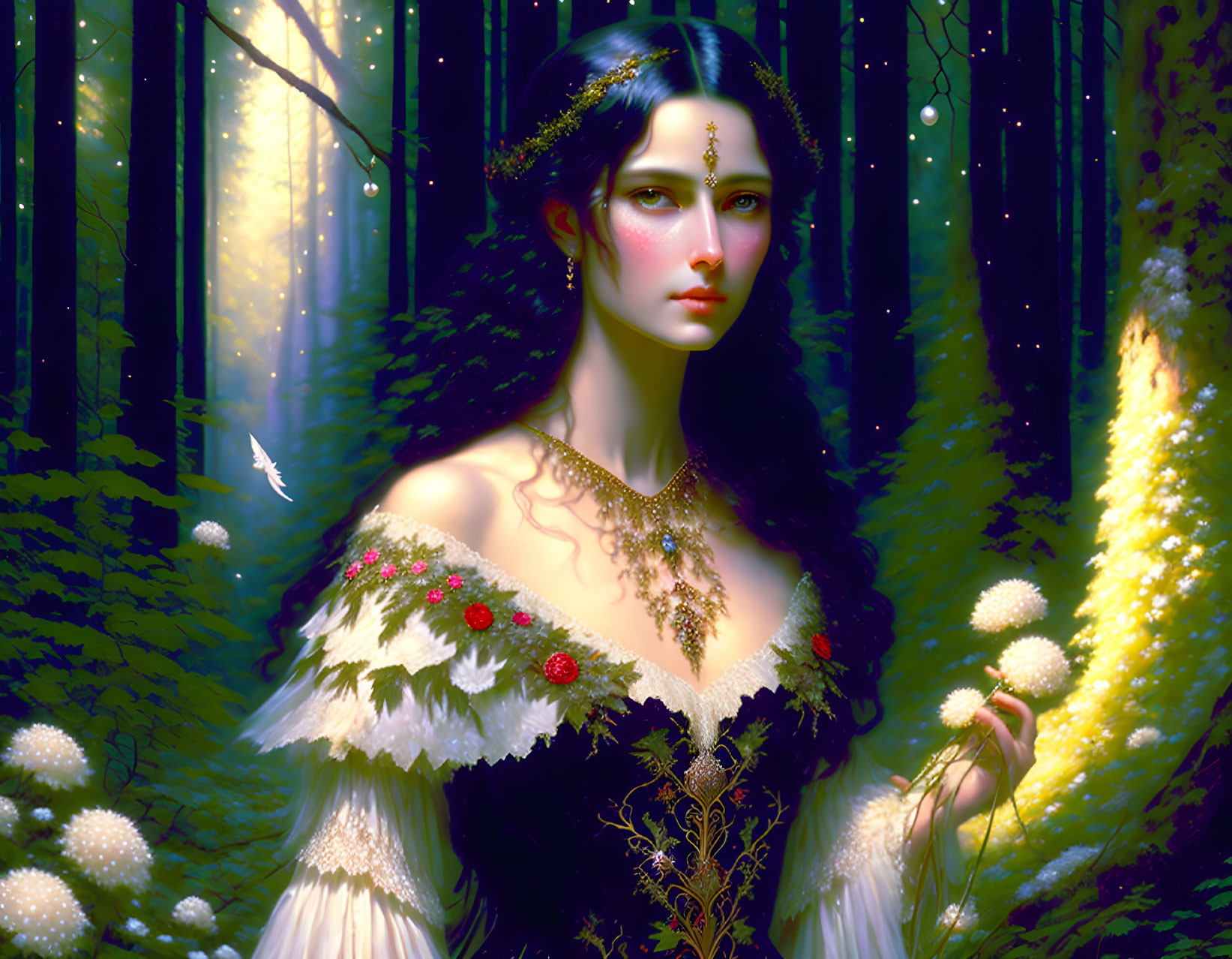 Ethereal woman in mystical forest with glowing orbs and feather accents