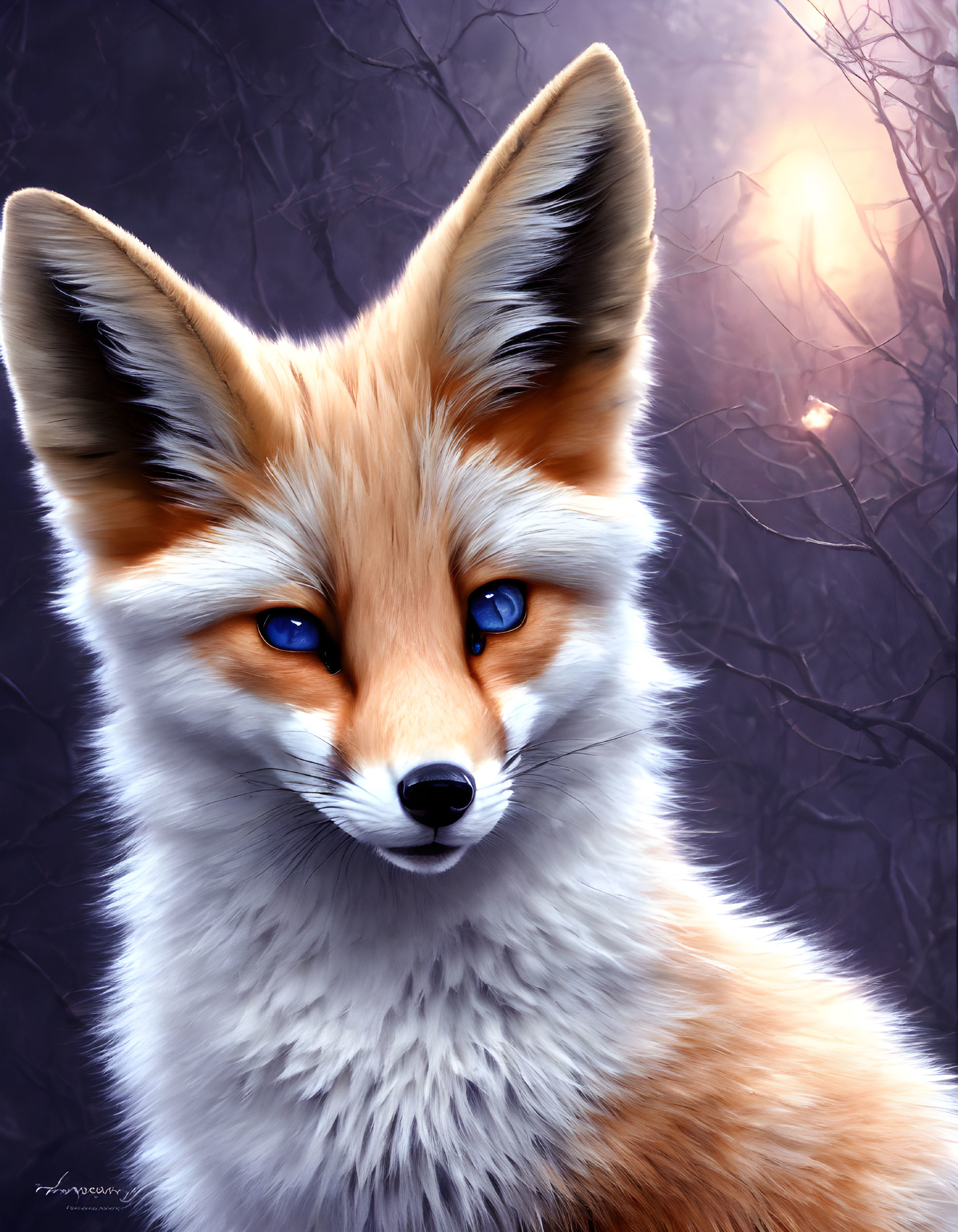 Detailed Illustration: Red Fox with Blue Eyes in Dark Forest Setting