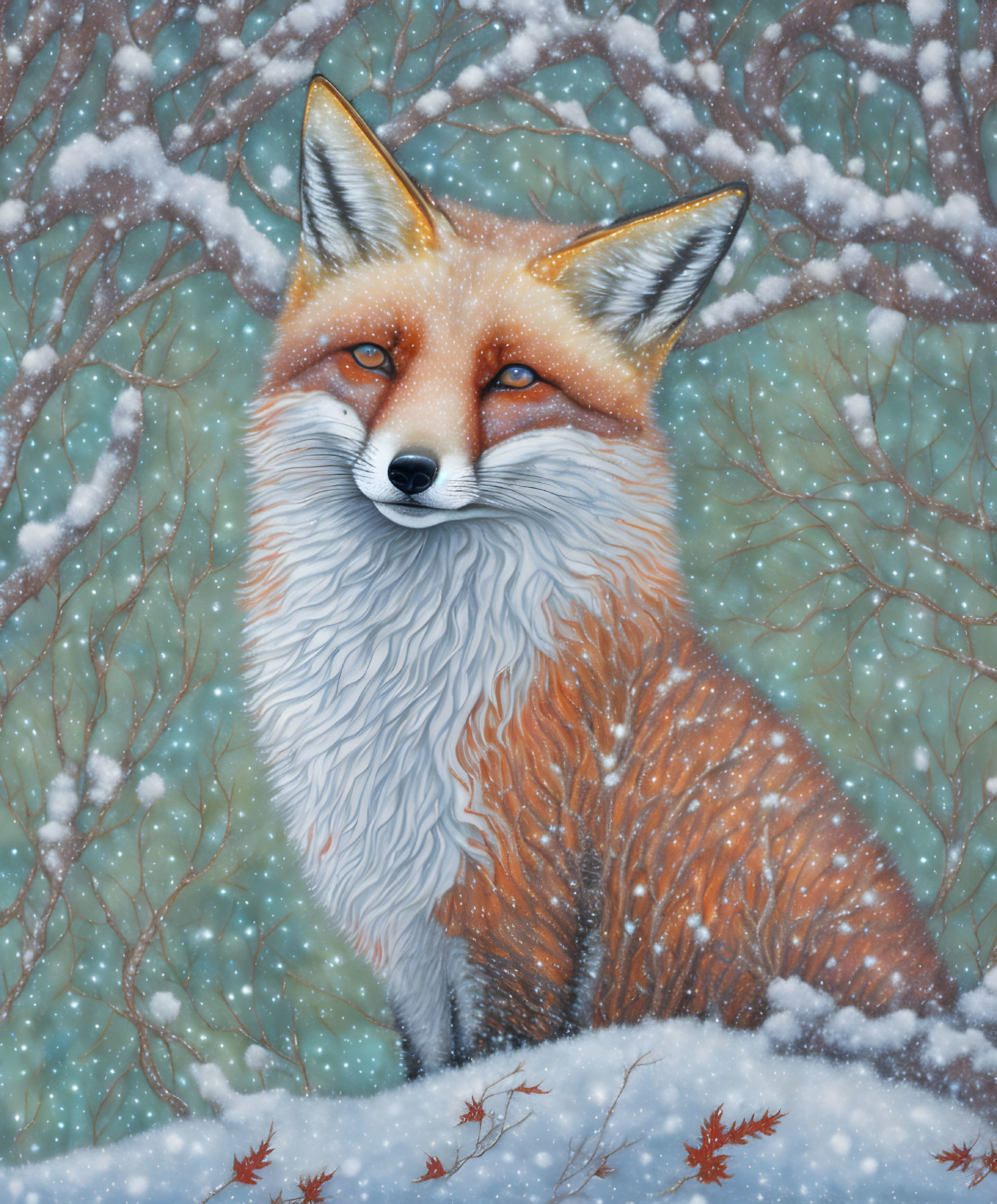 Detailed Red Fox Illustration in Snowy Scene