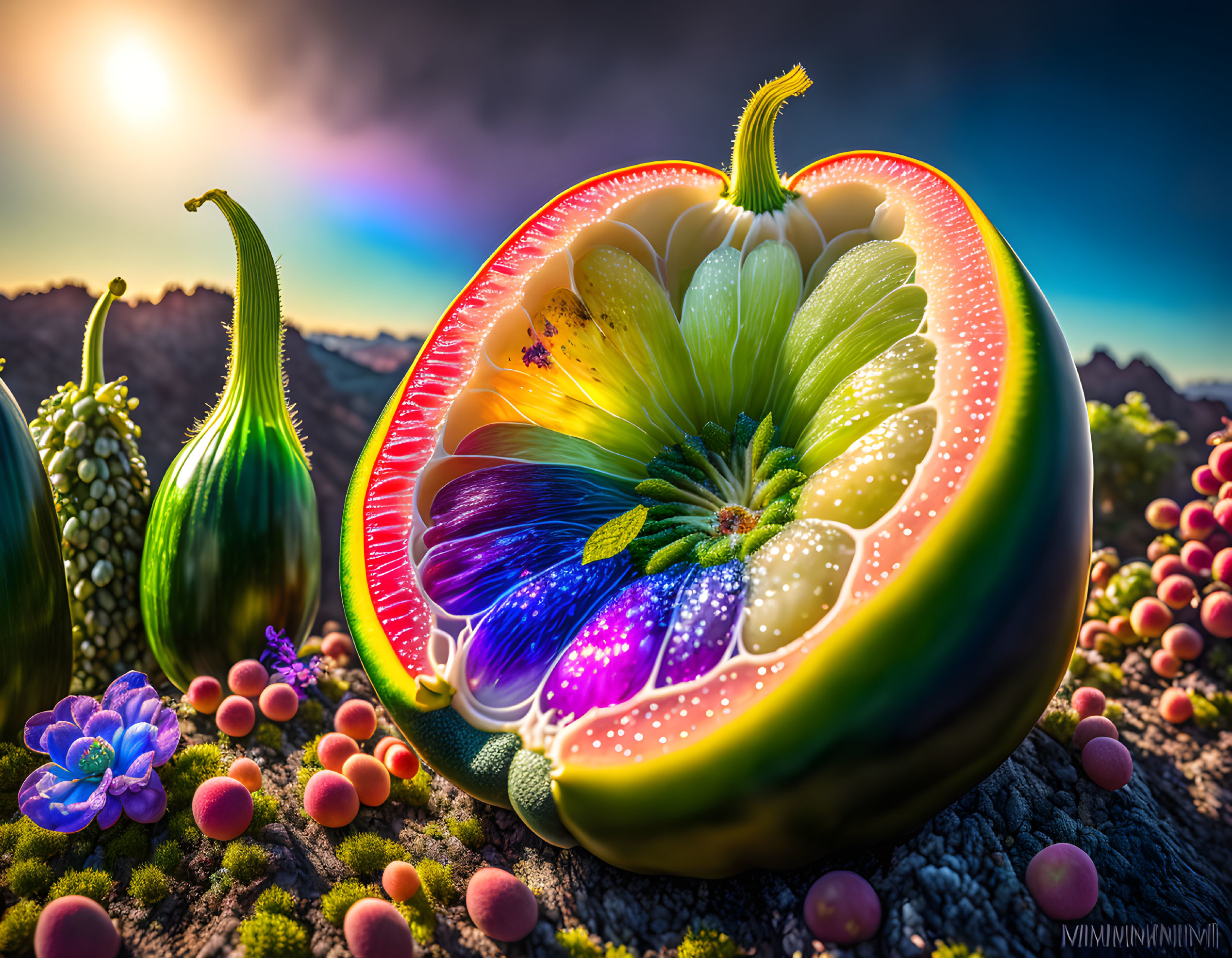 Colorful digital artwork: Watermelon slice and flowers in surreal sunset landscape